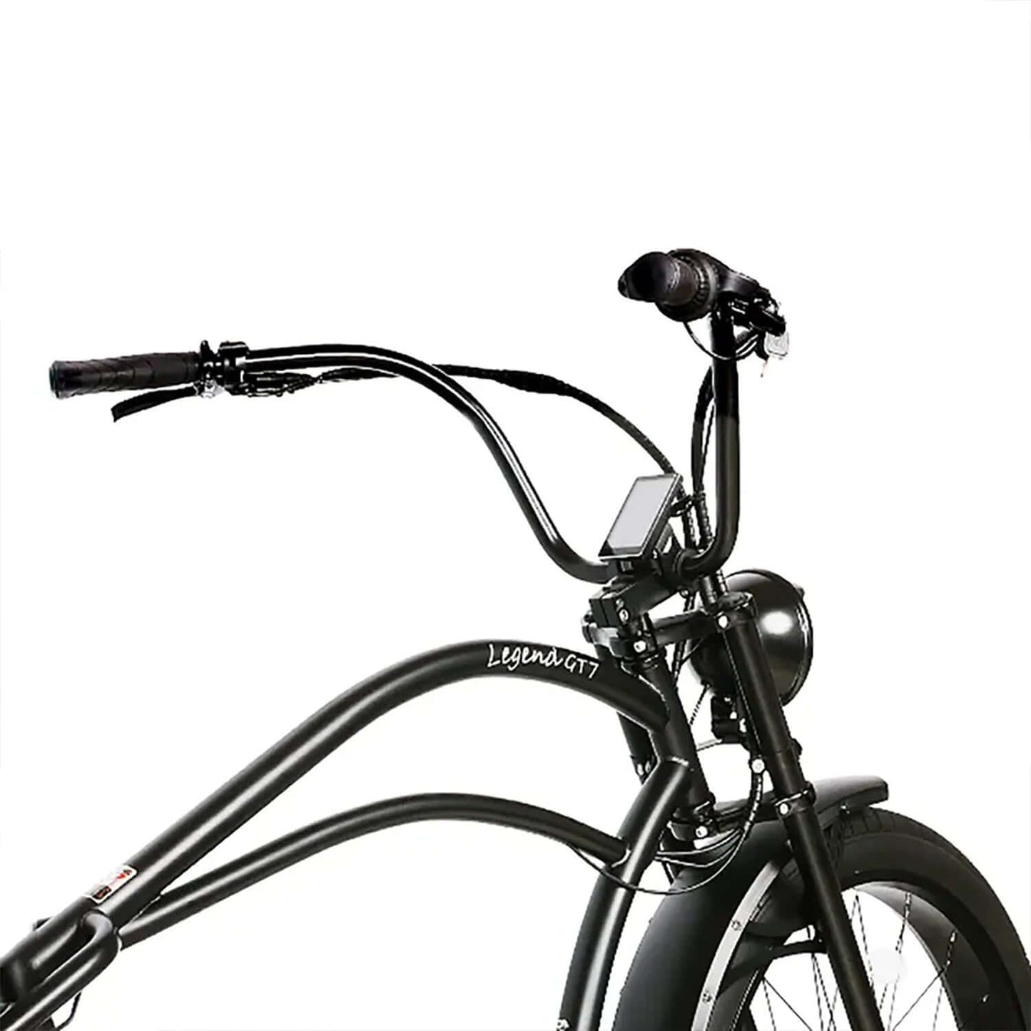 Close-up of the handlebars on the Tracer Legend GT7 Stretch Cruiser Chopper Electric Bike with display.