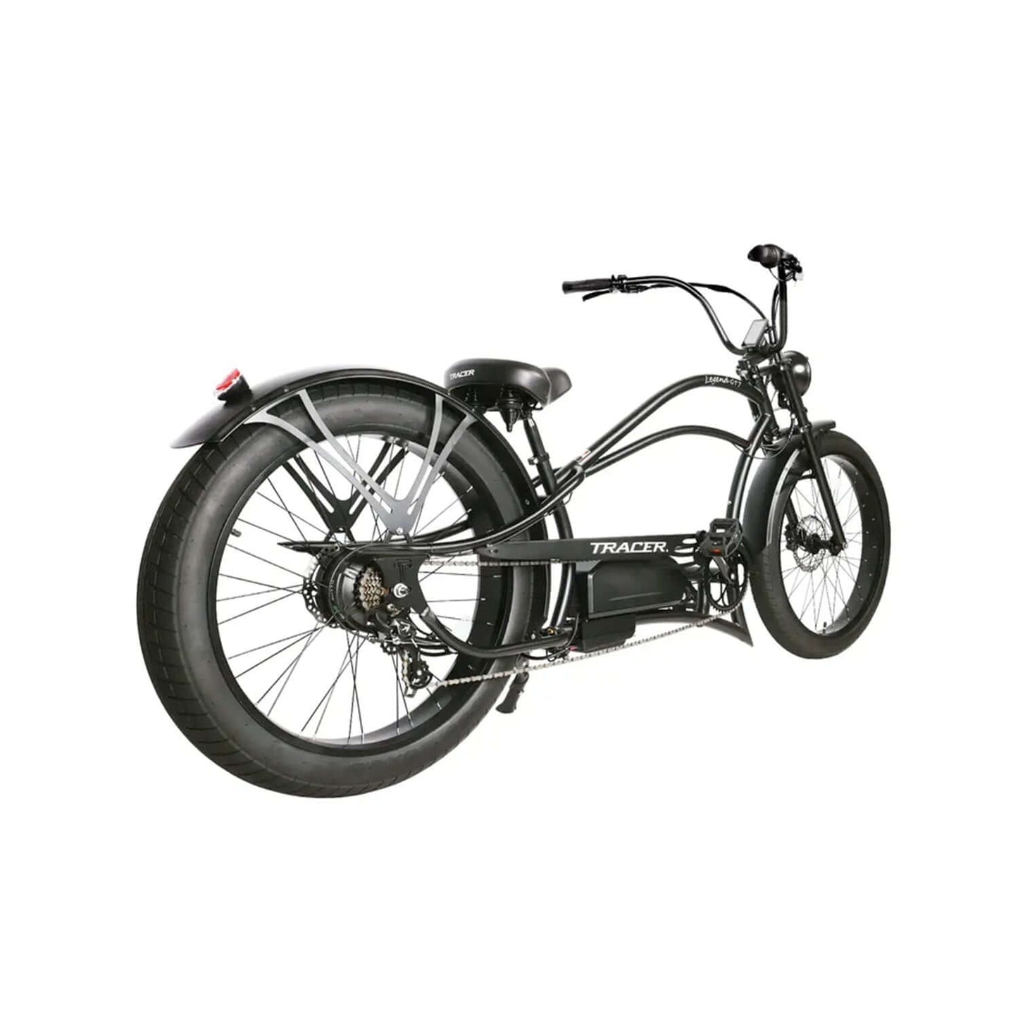 Tracer Legend GT7 Stretch Cruiser Chopper Electric Bike in black with large rear tire and sleek design.