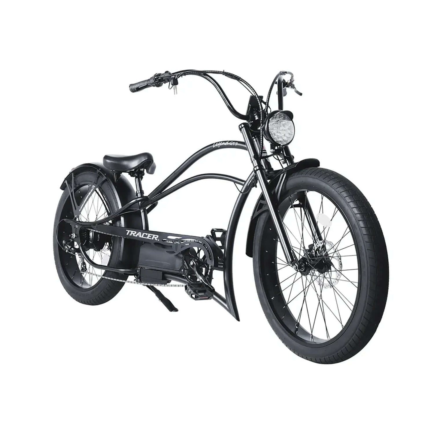 Tracer Legend GT7 Stretch Cruiser Chopper Electric Bike in sleek black design with retro-style frame and large tires.