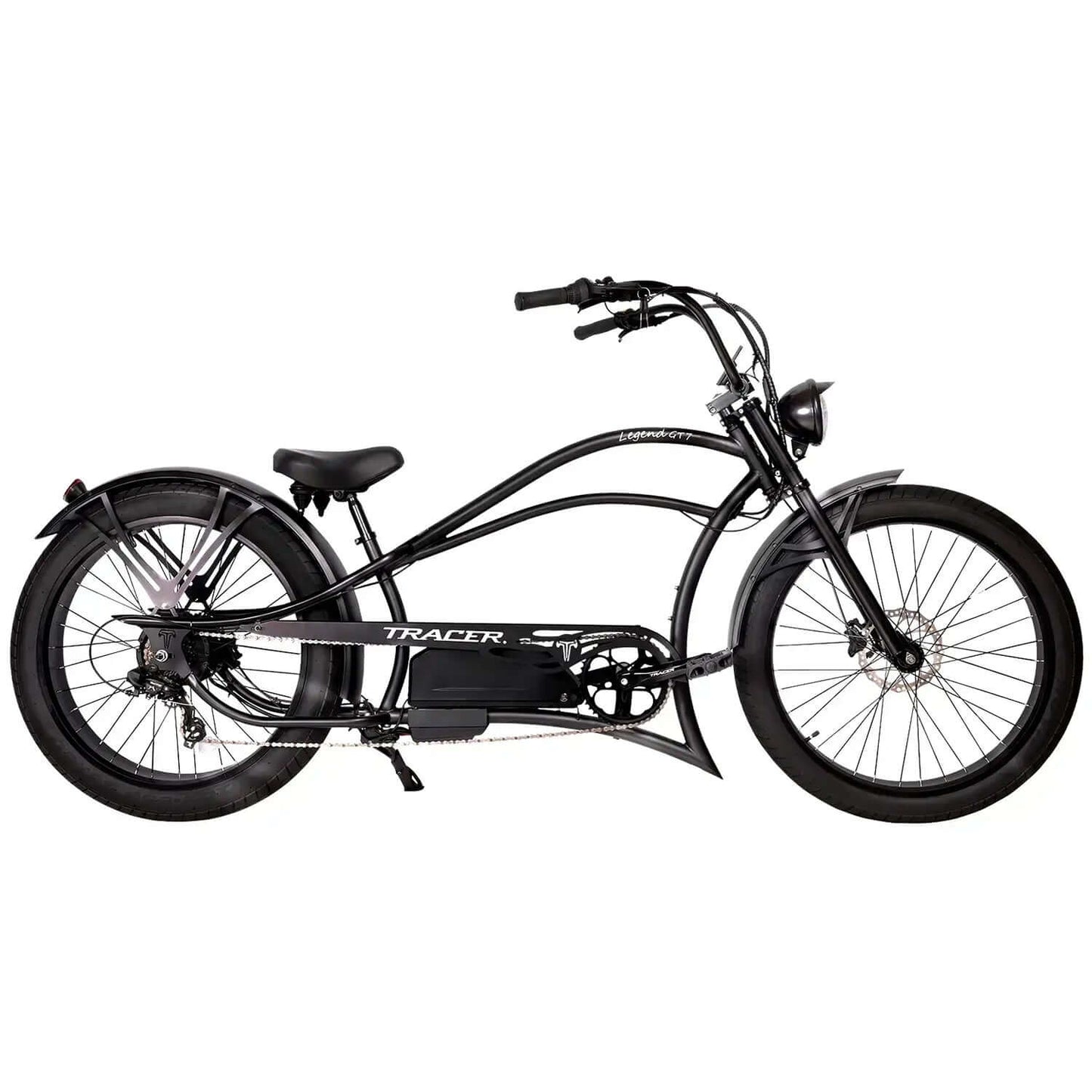 Tracer Legend GT7 Stretch Cruiser Chopper Electric Bike in black, showcasing its stylish design and features.