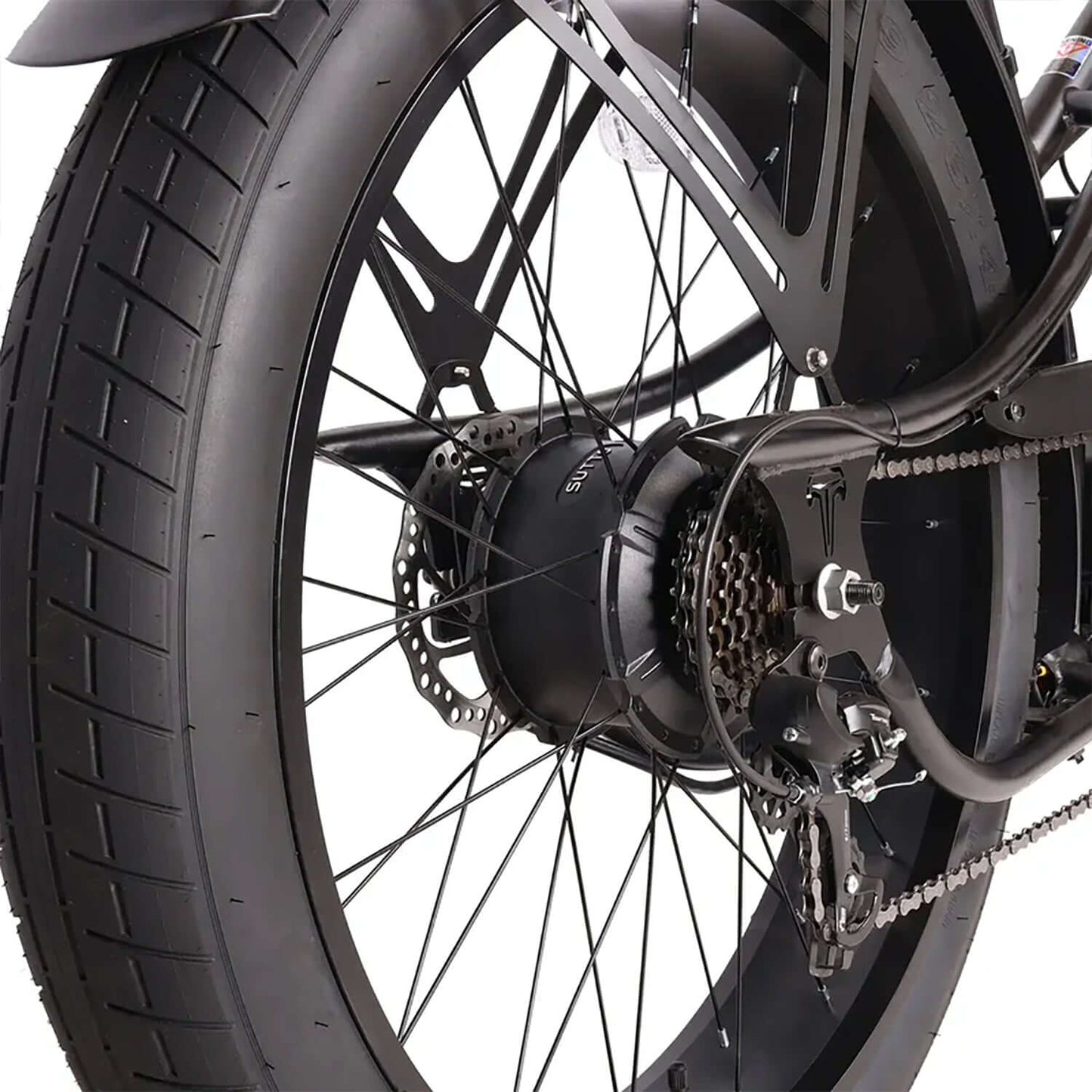 Close-up of the rear wheel and hub motor of the Tracer Legend GT7 Stretch Cruiser Chopper Electric Bike.