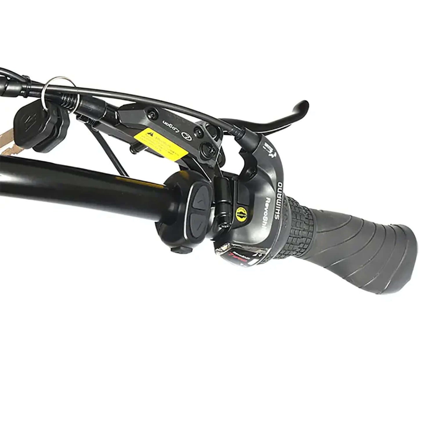 Close-up of Tracer Legend GT7 electric bike handlebar with Shimano gear and throttle control.
