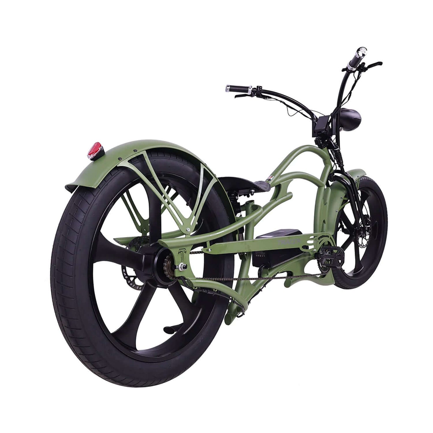 Rear view of Tracer Raptor Pro DS Stretch Cruiser Electric Bike showcasing its sleek design and wide tires.