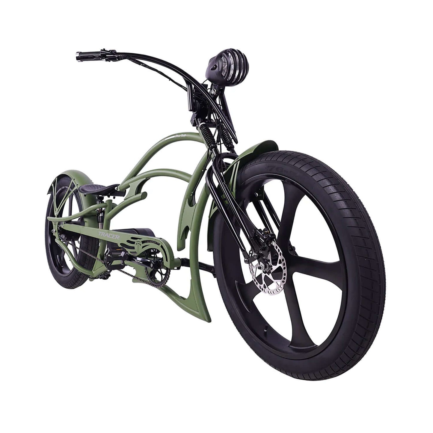 Tracer Raptor Pro DS Stretch Cruiser Electric Bike in green, showcasing its unique design and large tires.