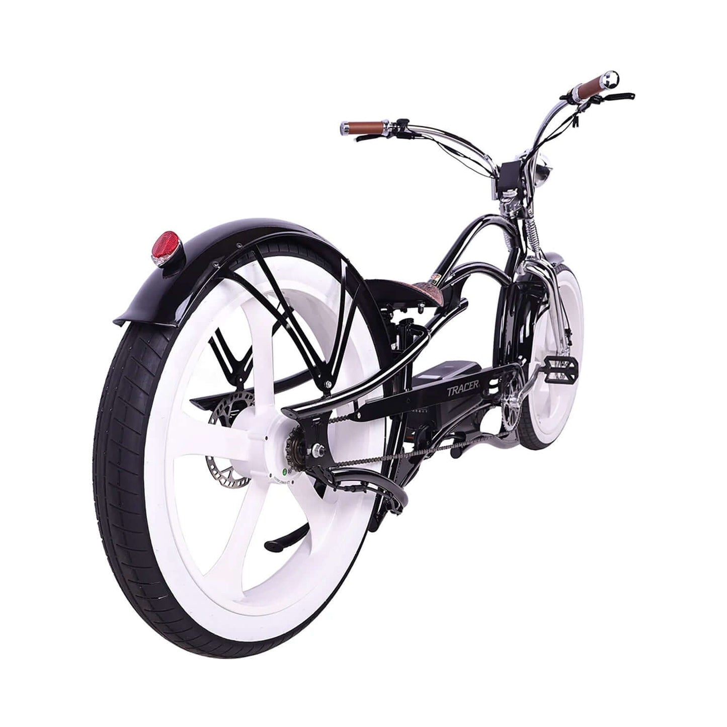 Rear view of Tracer Raptor Pro DS Stretch Cruiser Electric Bike showcasing sleek design and large white tires.