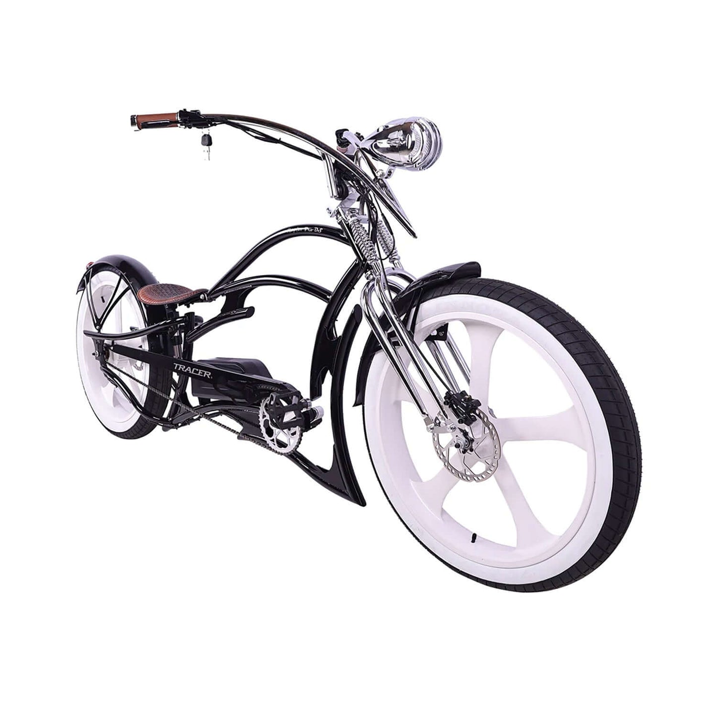 Tracer Raptor Pro DS Stretch Cruiser Electric Bike with sleek design and white wheels.
