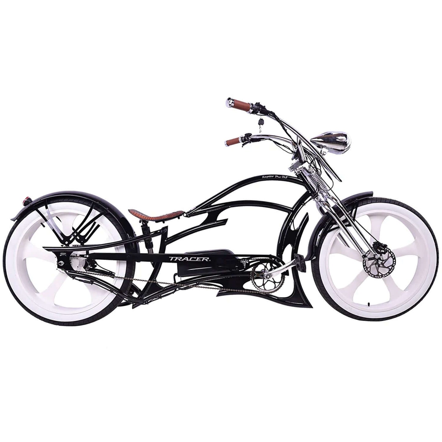 Tracer Raptor Pro DS Stretch Cruiser Electric Bike with sleek design and wide tires, perfect for comfortable rides.