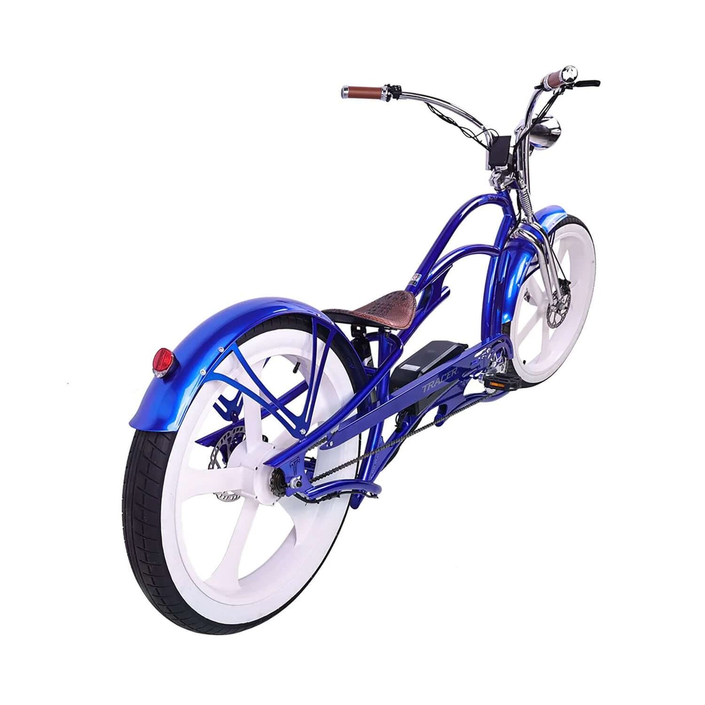 Tracer Raptor Pro DS Stretch Cruiser Electric Bike in blue with white wheels, showcasing its sleek design from the rear angle.