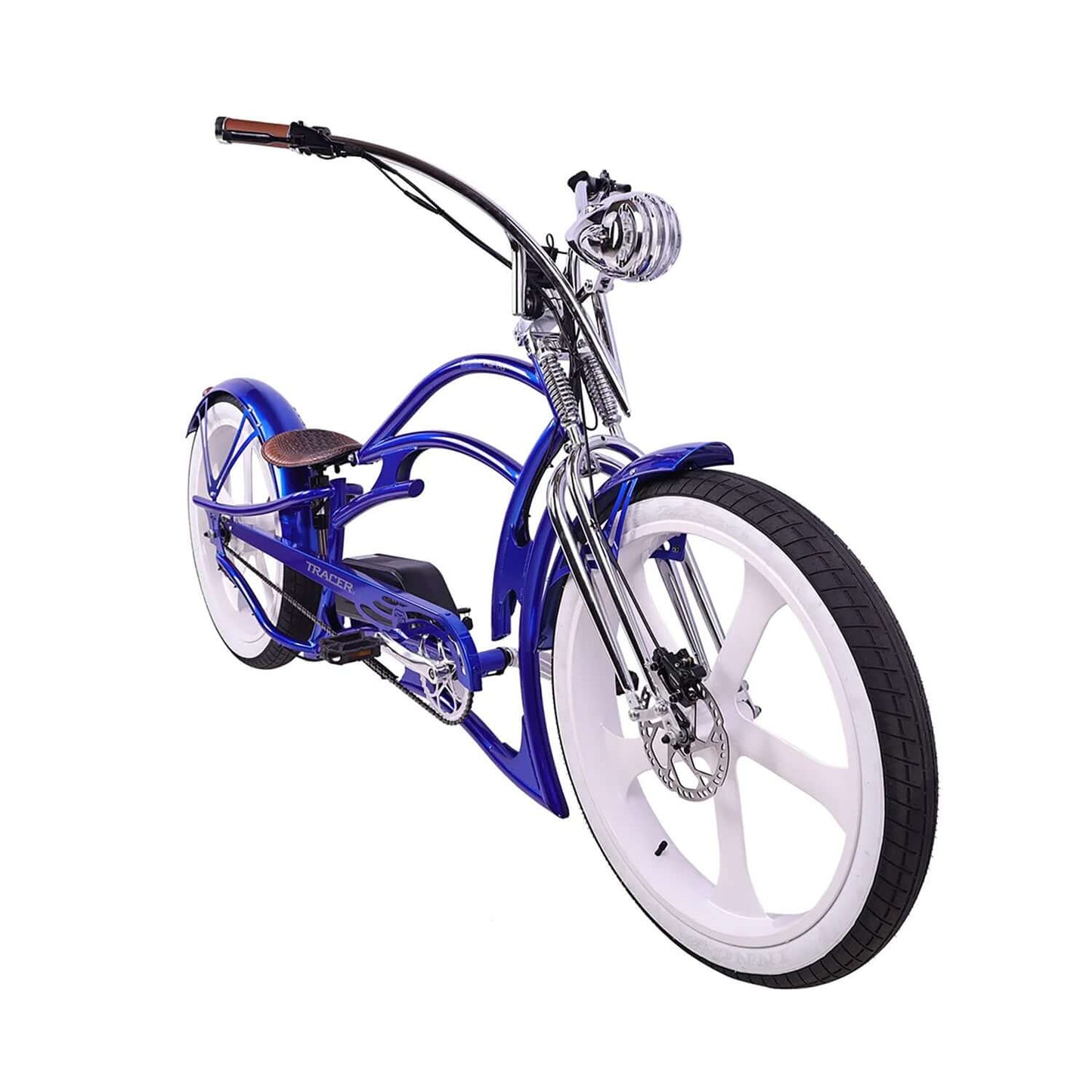 Tracer Raptor Pro DS Stretch Cruiser Electric Bike in blue with white wheels and intricate design.