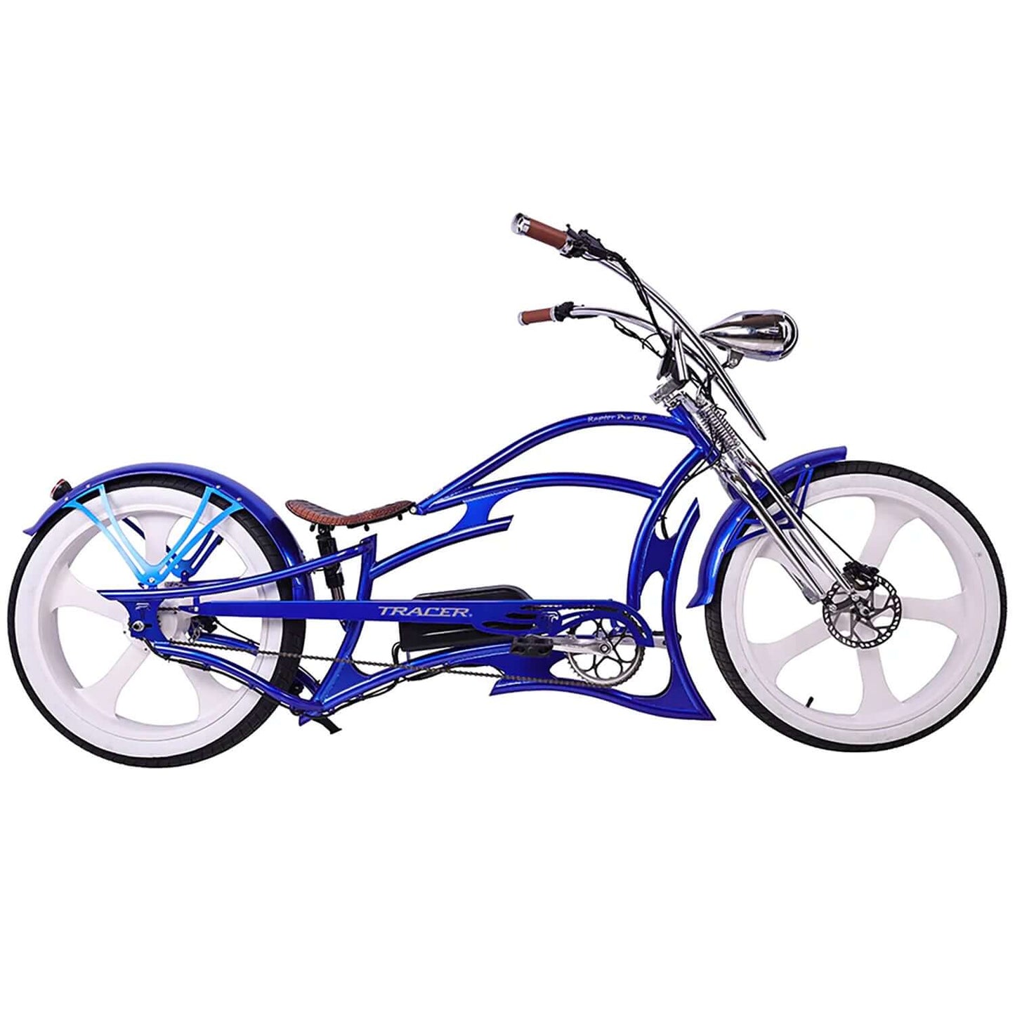 Tracer Raptor Pro DS Stretch Cruiser Electric Bike in sleek blue design with unique frame and white wheels.