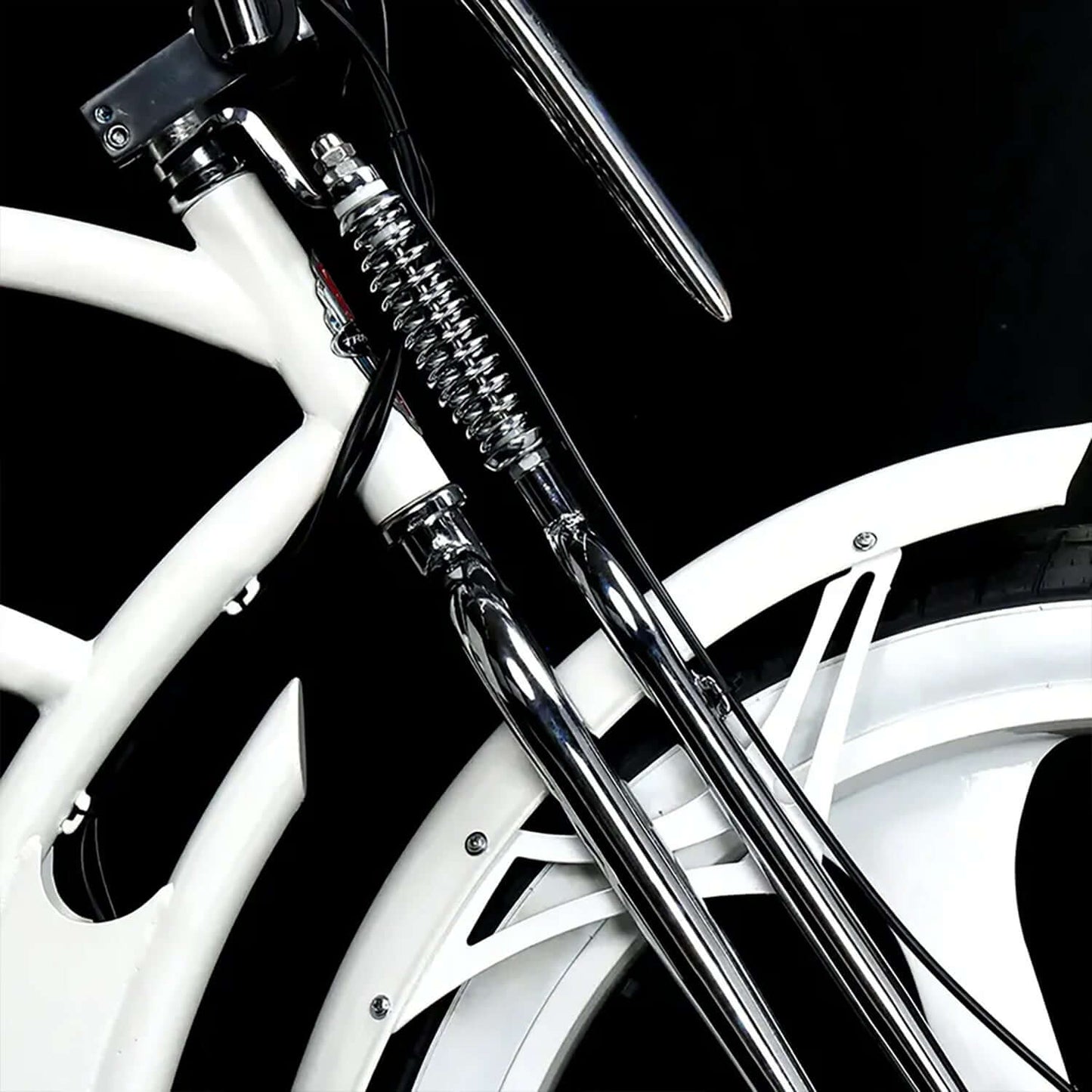 Close-up of Tracer Raptor Pro DS electric bike's front fork and suspension system.