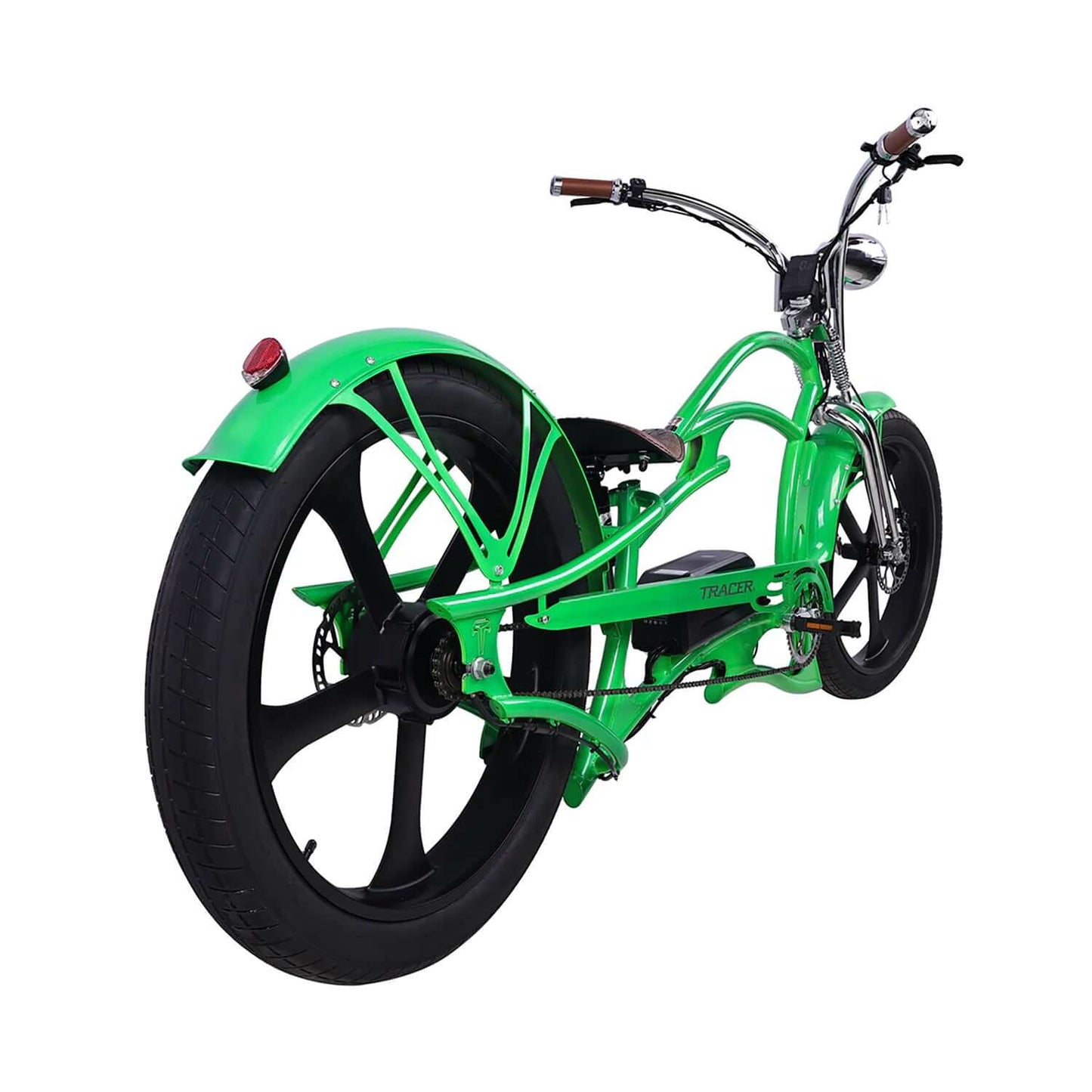 Tracer Raptor Pro DS Stretch Cruiser Electric Bike in vibrant green with sleek curves and large black wheel.