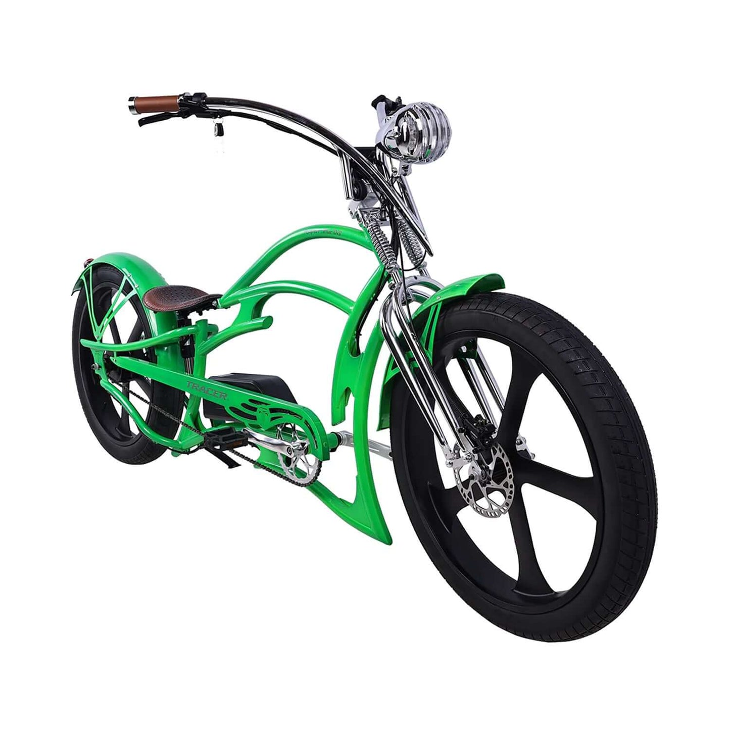 Green Tracer Raptor Pro DS Stretch Cruiser Electric Bike with sleek design and large wheels.