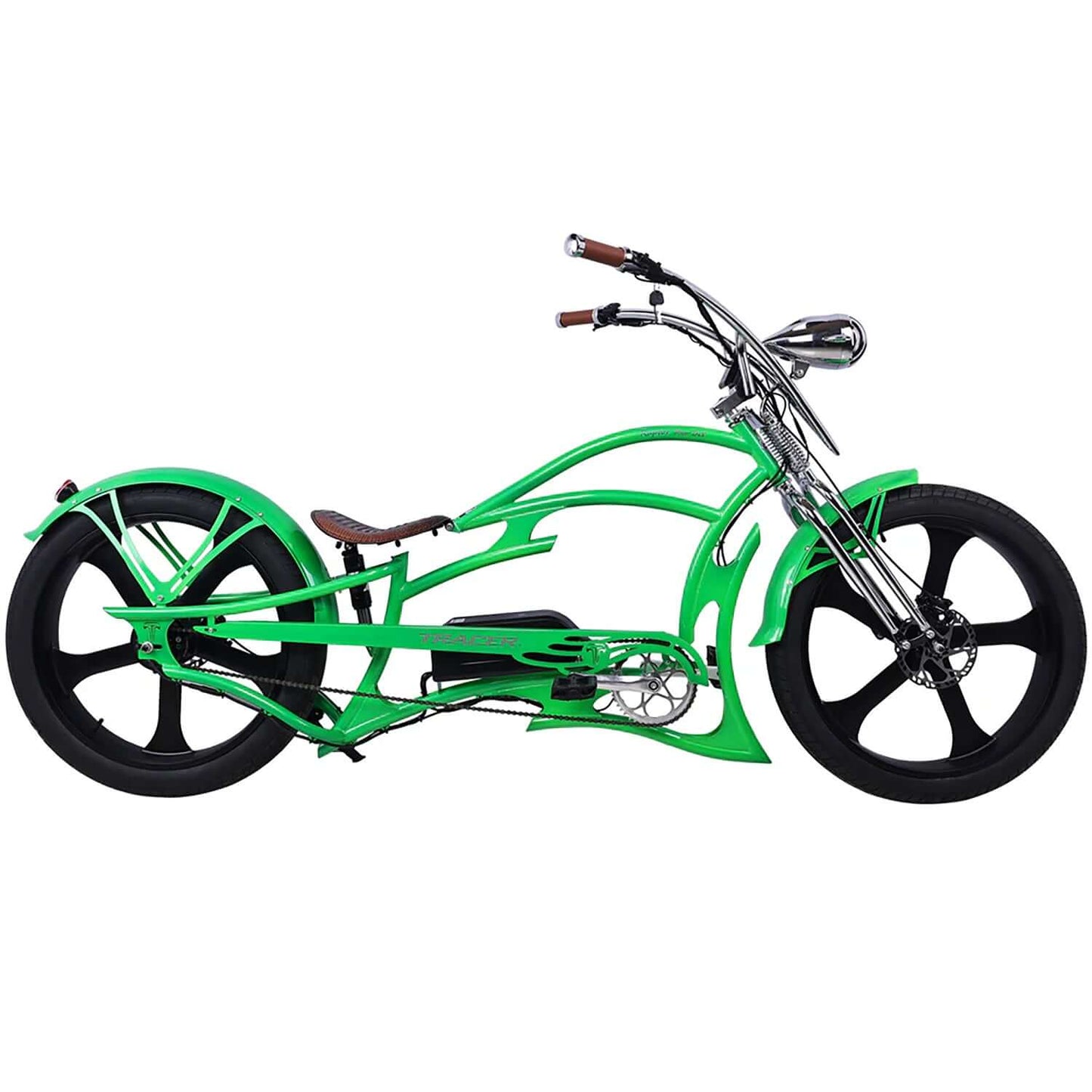 Green Tracer Raptor Pro DS Stretch Cruiser Electric Bike with striking design and large wheels.