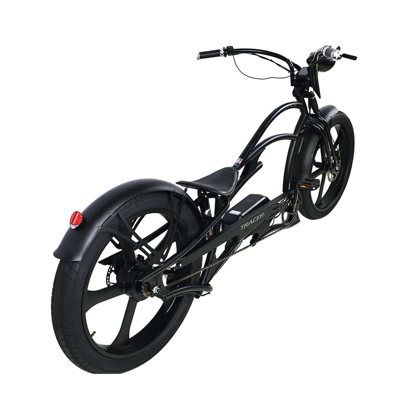 Tracer Raptor Pro DS Stretch Cruiser Electric Bike showcasing sleek design and modern features from the rear angle.