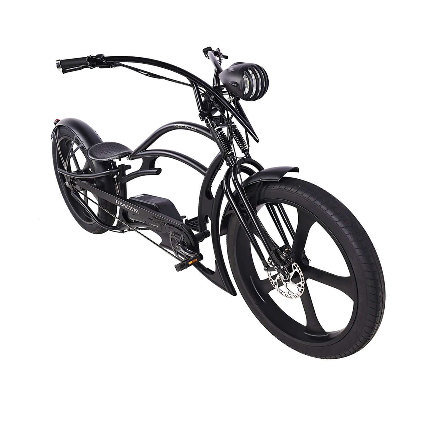 Tracer Raptor Pro DS Stretch Cruiser Electric Bike with sleek black design and wide tires, ideal for comfortable rides.