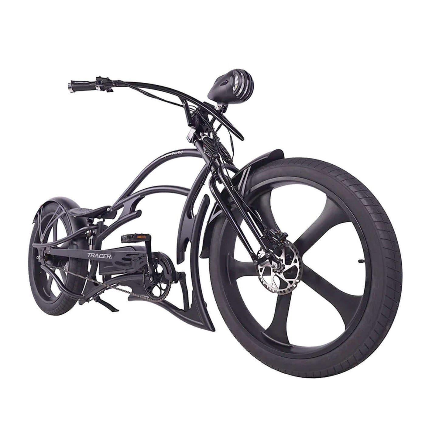 Tracer Raptor Pro DS Stretch Cruiser Electric Bike with sleek black design and large wheels.