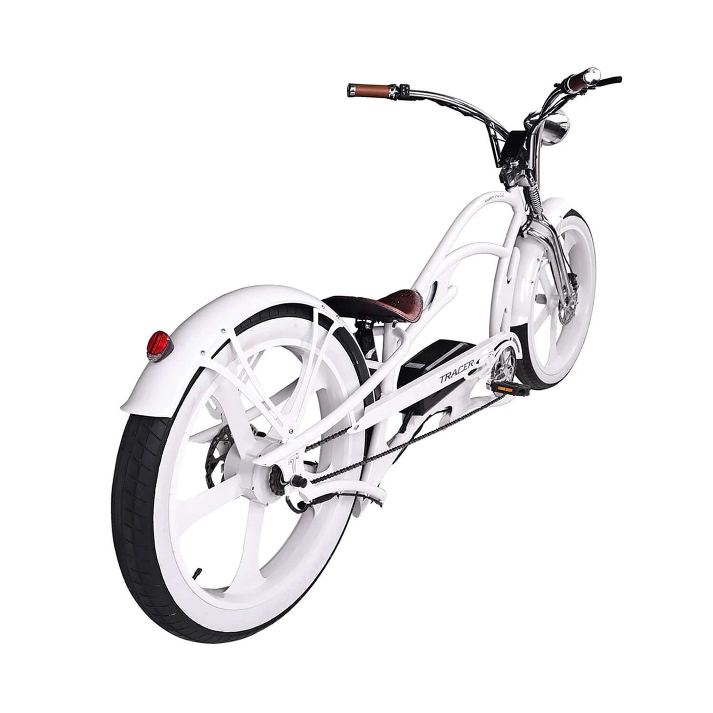 Rear view of the Tracer Raptor Pro DS Stretch Cruiser Electric Bike in white with stylish design and comfortable seating.
