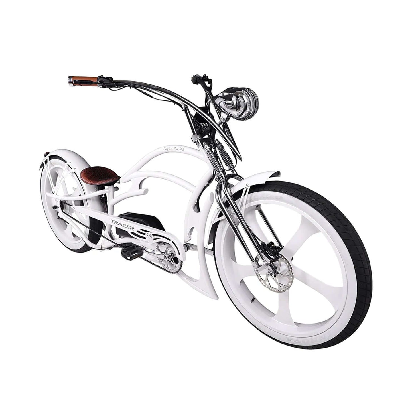 Tracer Raptor Pro DS Stretch Cruiser Electric Bike in white with large wheels and sleek design.