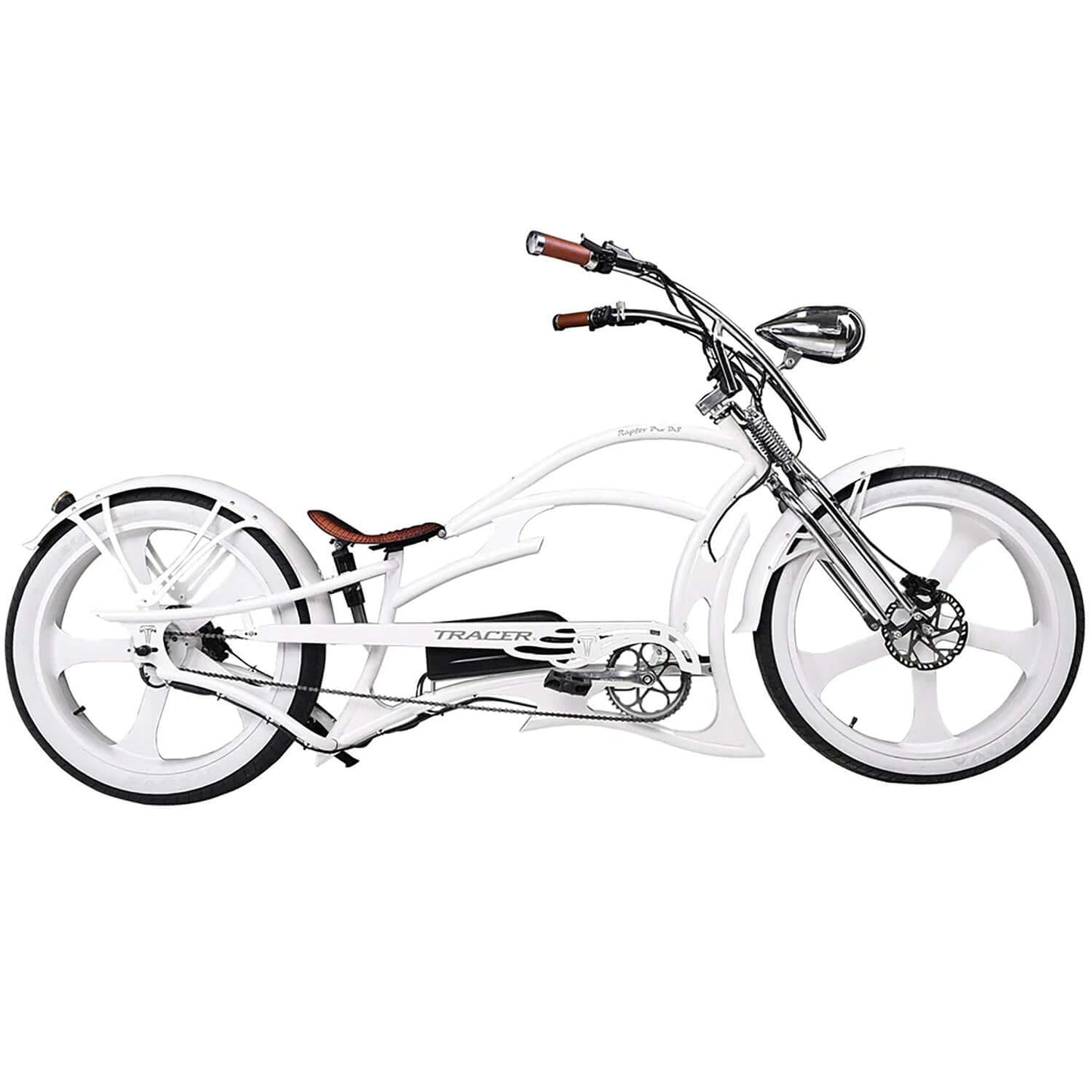 Tracer Raptor Pro DS Stretch Cruiser Electric Bike in sleek white design with stylish oversized wheels and handlebars.