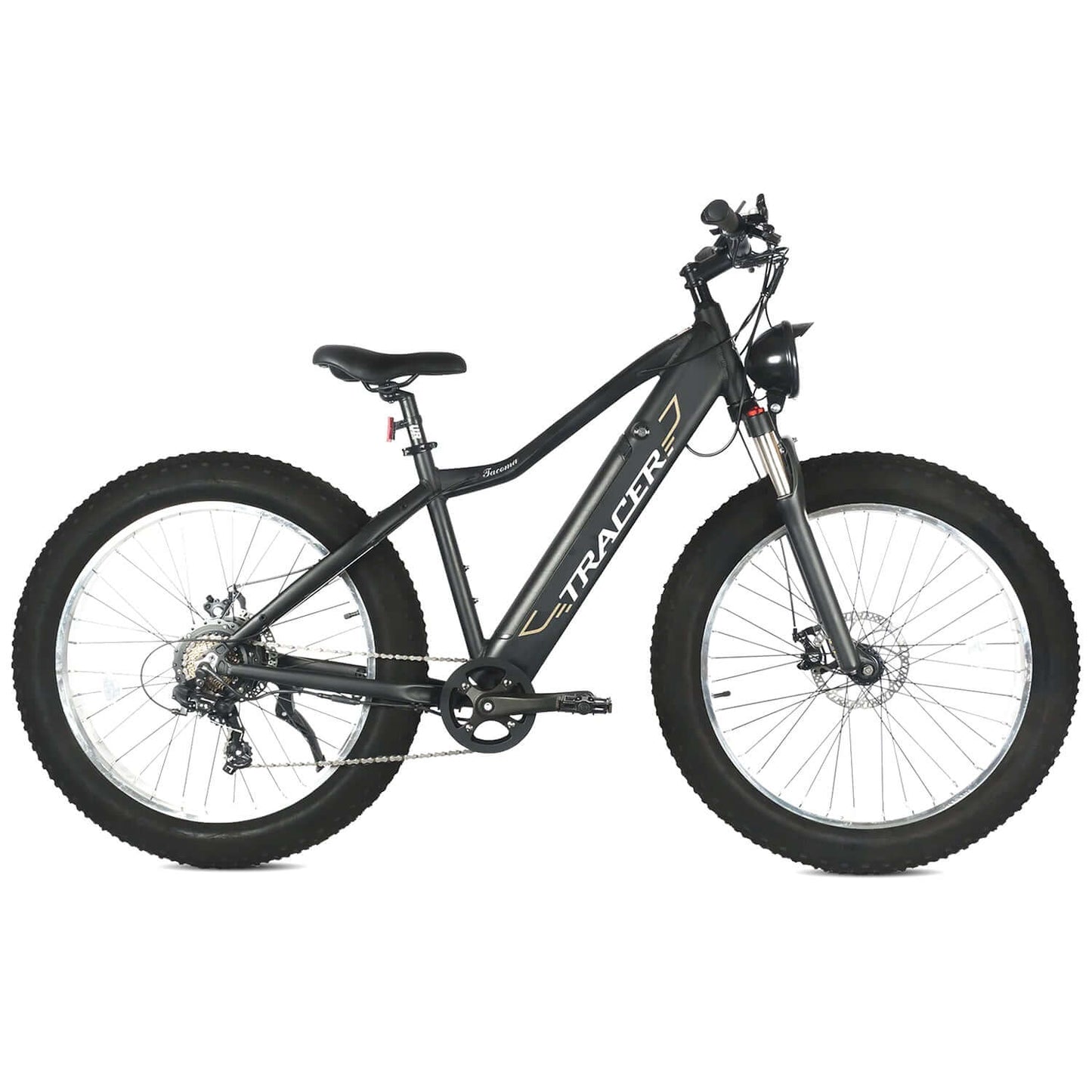 Tracer Tacoma Dual Suspensions Fat Tire Electric Bike in black with large tires and modern design.