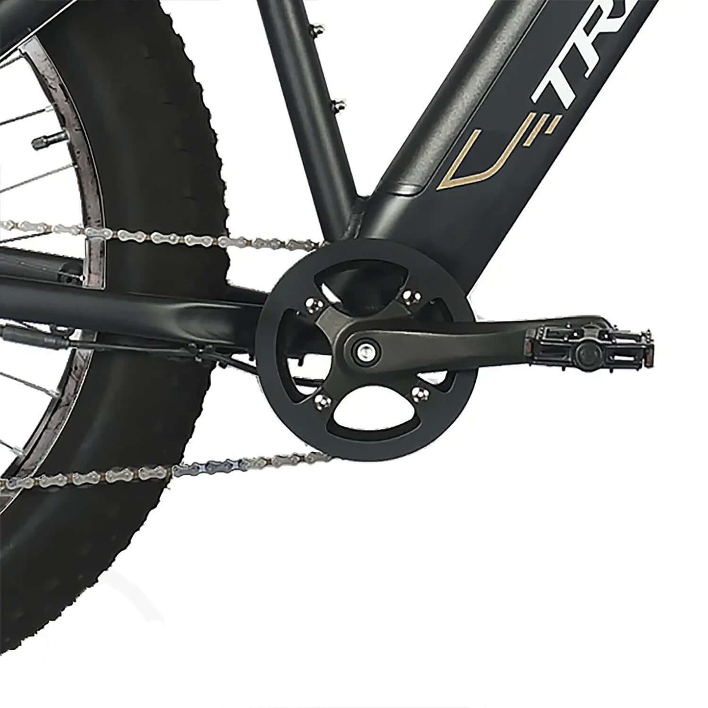 Close-up of Tracer Tacoma electric bike fat tire crank and chain mechanism showcasing durable design.