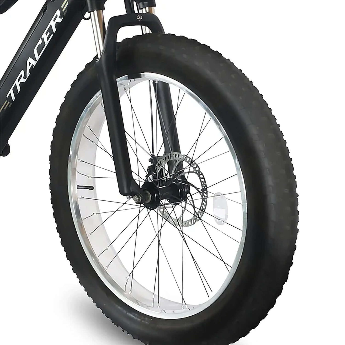 Close-up of the front wheel and fat tire of the Tracer Tacoma Dual Suspensions Electric Bike.