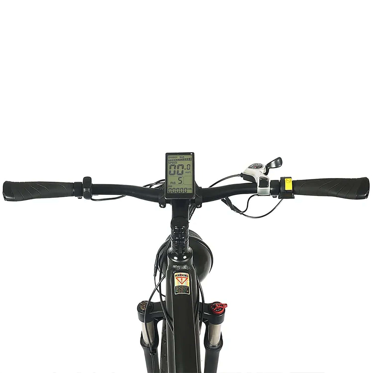 Close-up view of the handlebars and digital display of a fat tire electric bike.