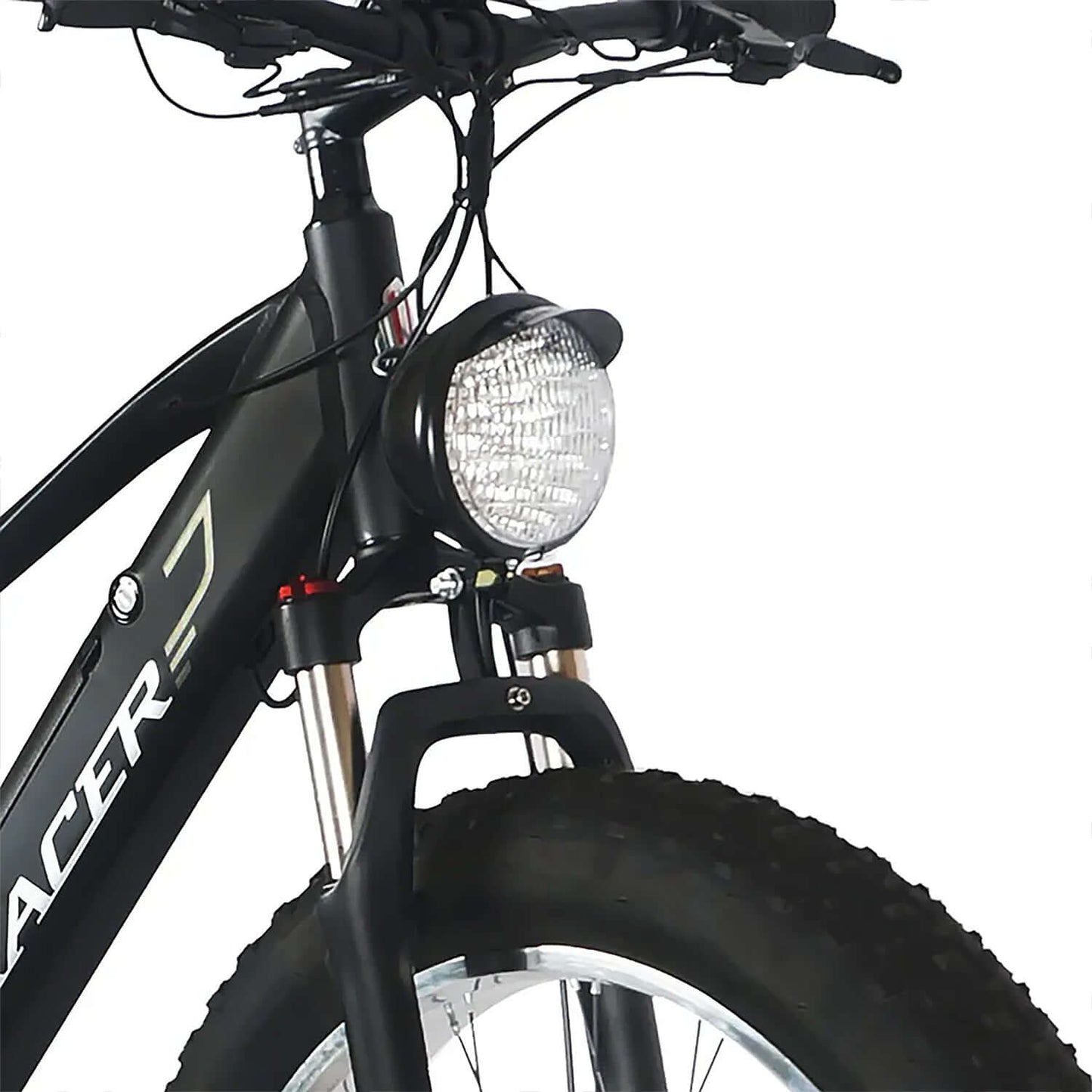 Close-up of the front of a Tracer Tacoma fat tire electric bike showcasing the headlight and front suspension.