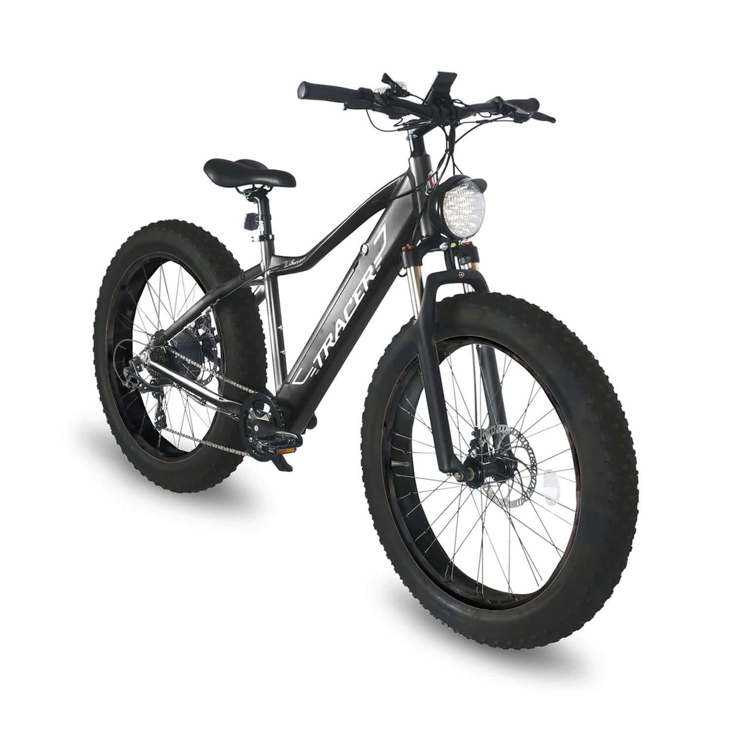 Tracer Tacoma dual suspension fat tire electric bike with powerful front light and sturdy frame.