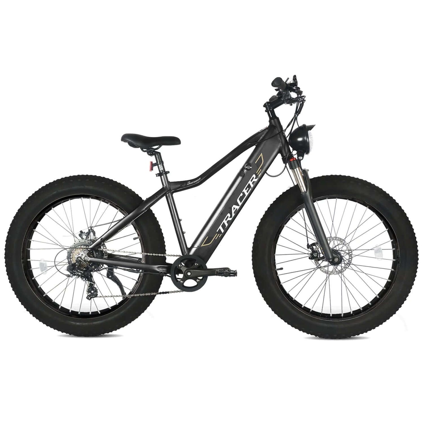 Tracer Tacoma fat tire electric bike with dual suspensions, showcasing a sleek black design and wide tires.
