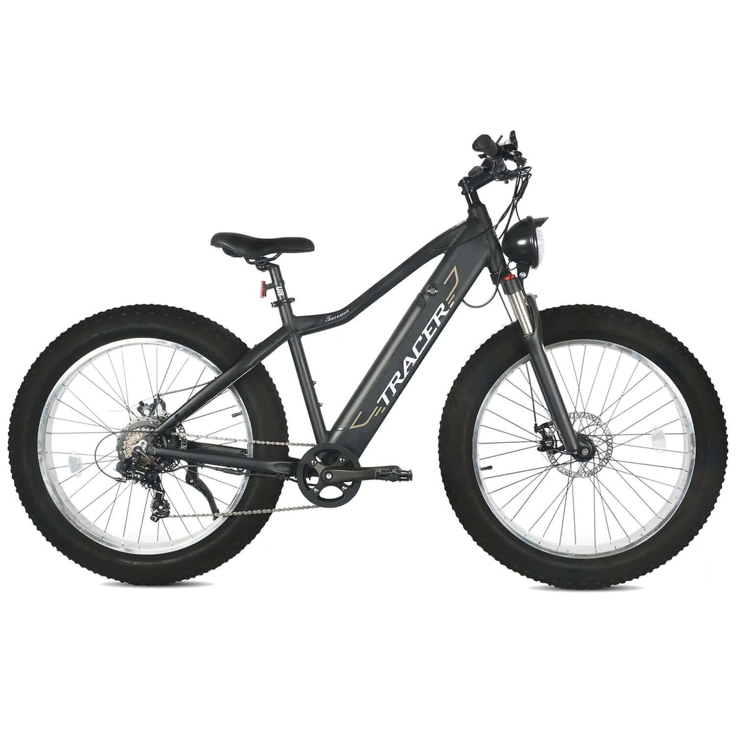 Tracer Tacoma dual suspensions fat tire electric bike with sleek design and oversized tires for a smooth ride.