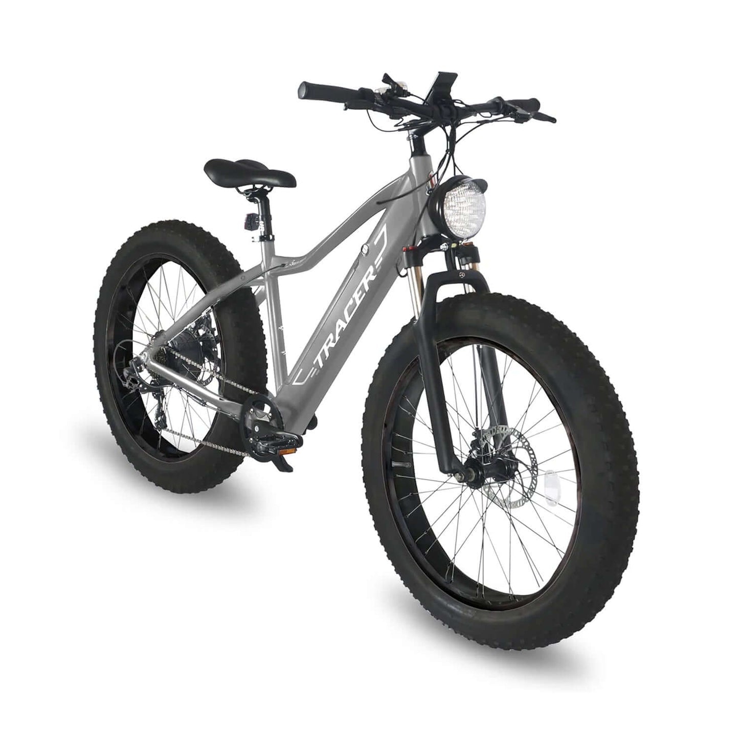 Tracer Tacoma Dual Suspensions Fat Tire Electric Bike in silver color with large tires and modern design.