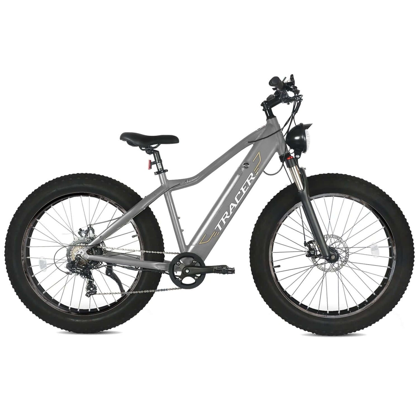 Tracer Tacoma Dual Suspensions Fat Tire Electric Bike in silver with large tires and modern design.