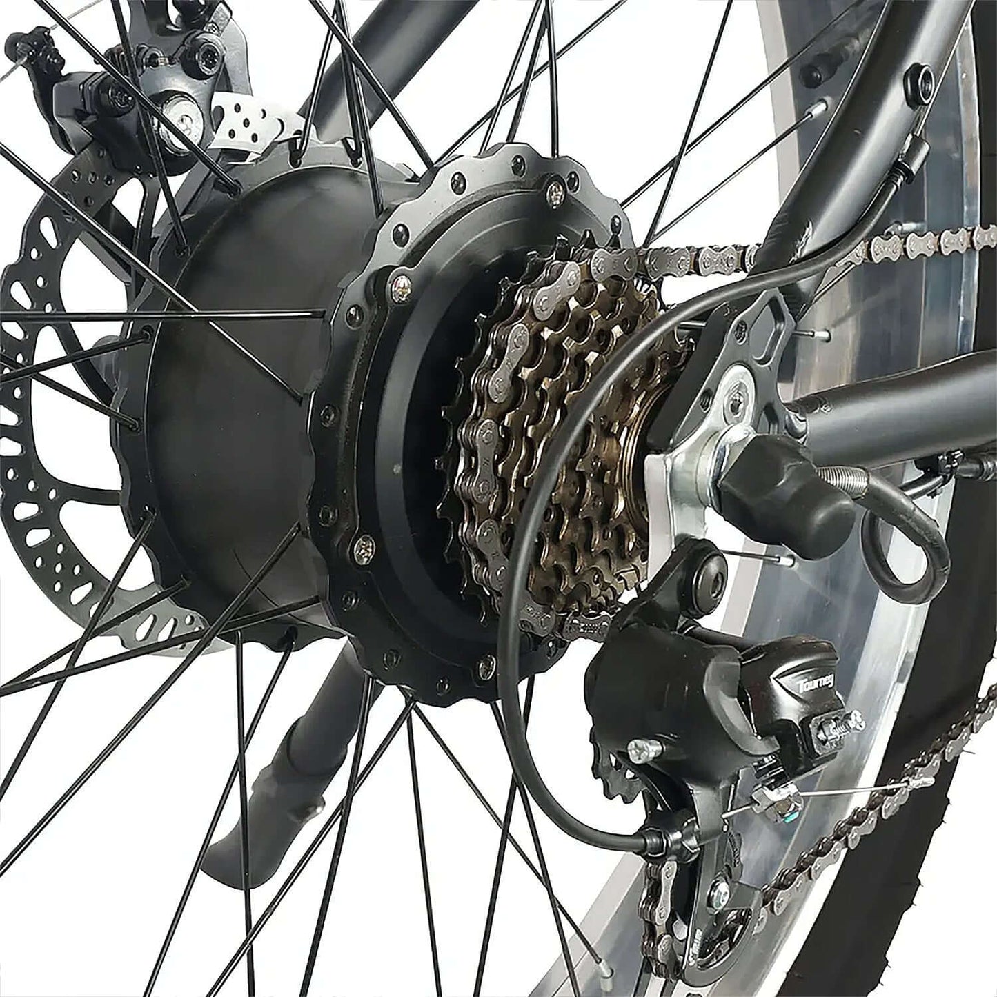 Close-up of the rear hub and cassette on a fat tire electric bike showcasing the dual suspension system.