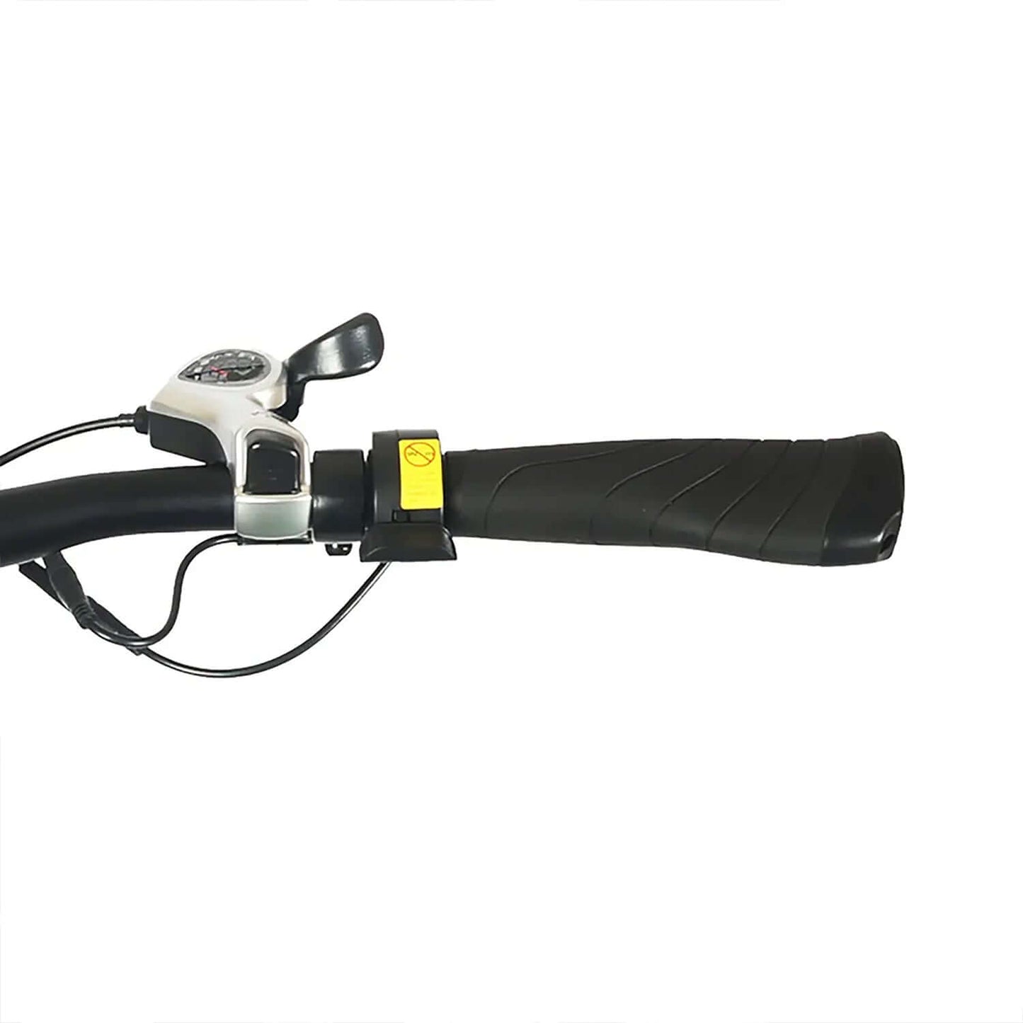 Close-up of Tracer Tacoma electric bike handlebar with control panel and ergonomic grip.