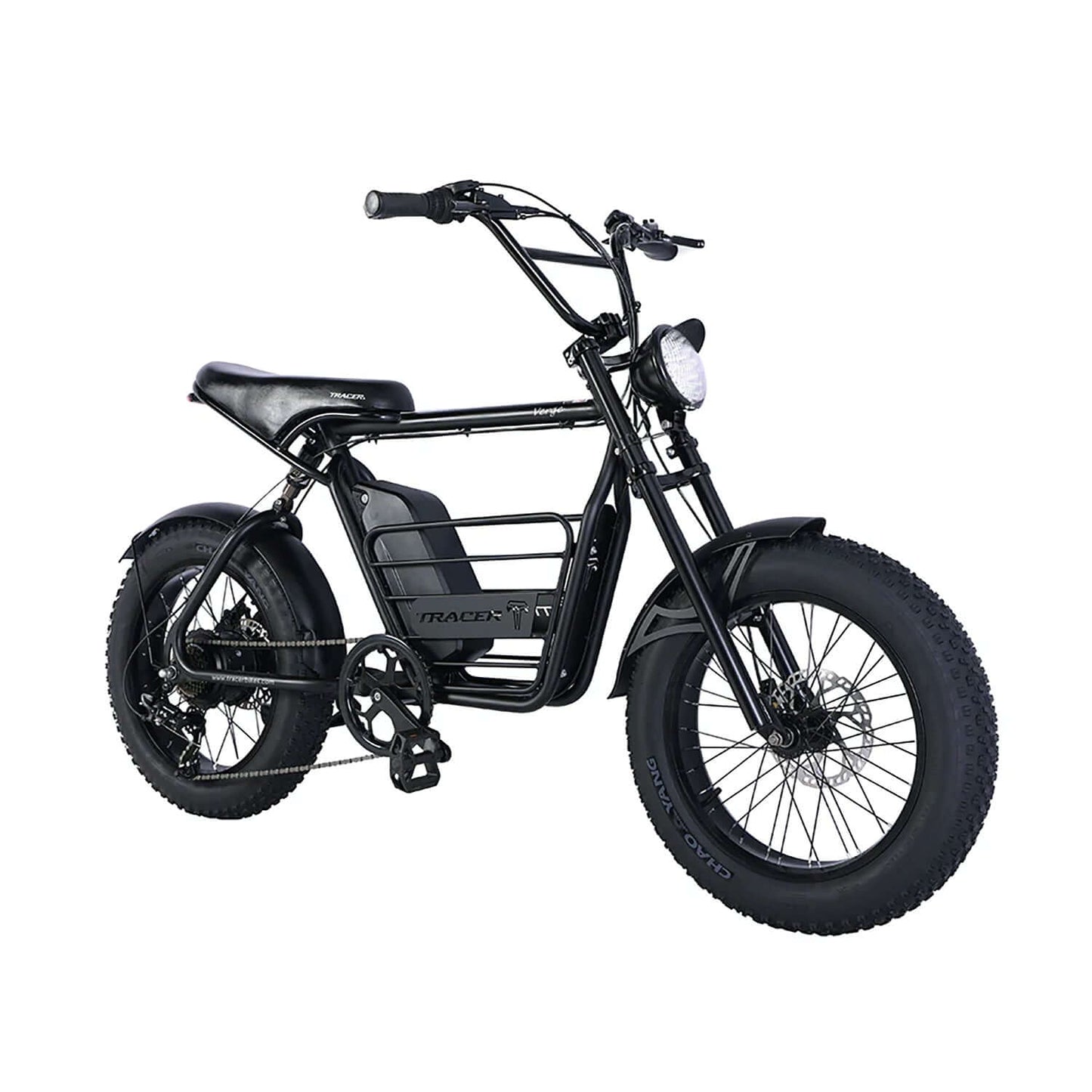 Tracer Verge Wheel Fat Tire Electric Bike with black frame, sturdy tires, and headlight for enhanced riding.
