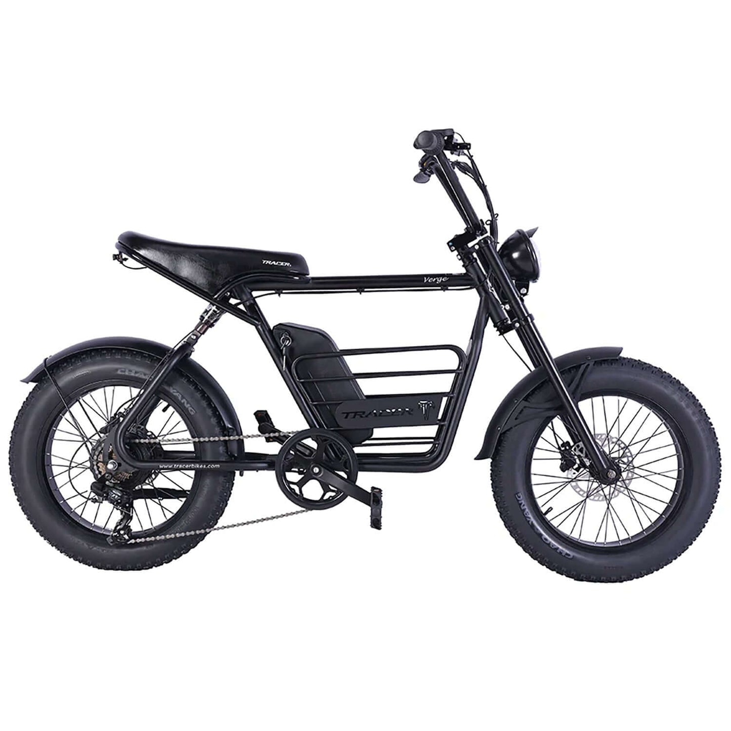 Tracer Verge fat tire electric bike in black, featuring sturdy frame and oversized tires for a smooth ride.