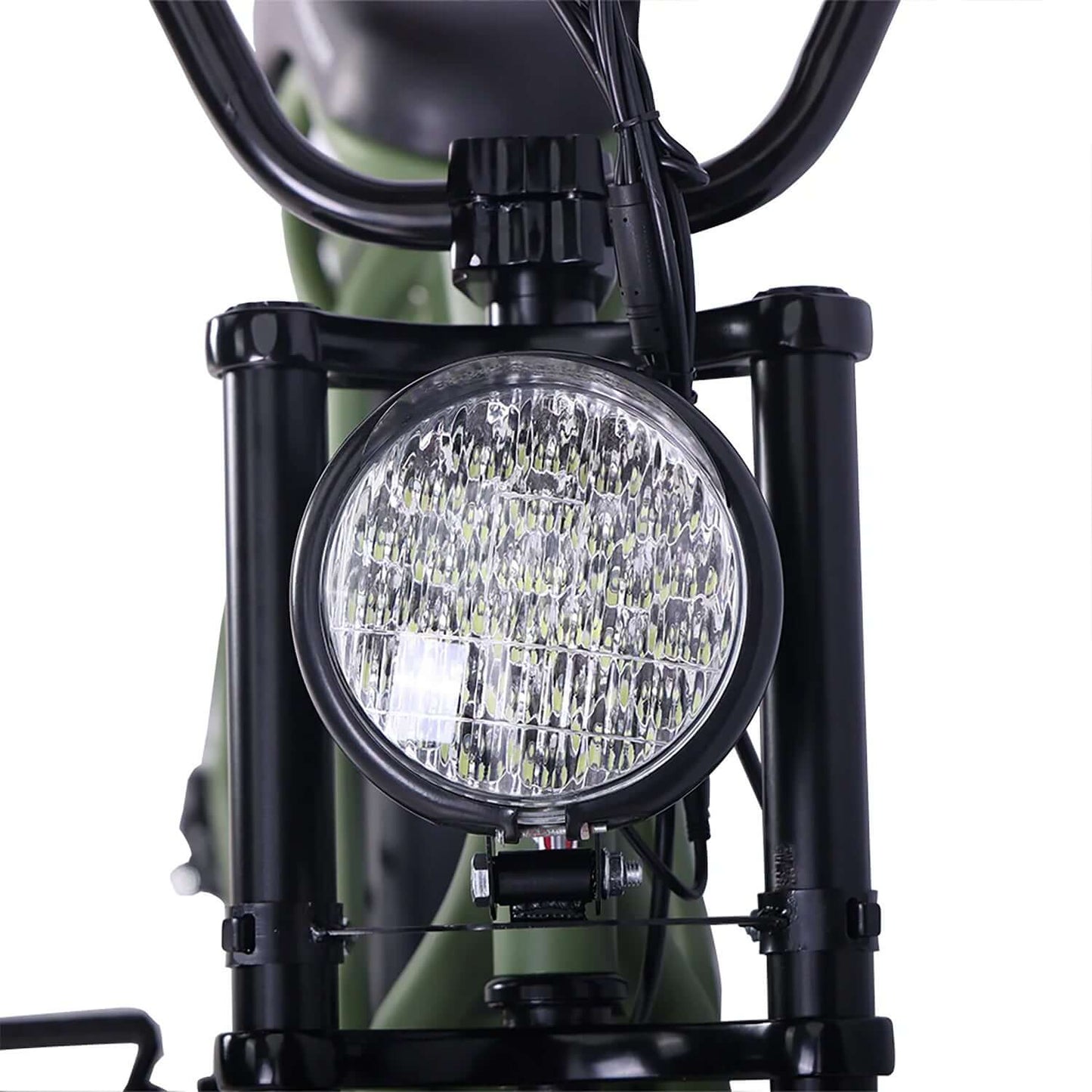 Close-up of the headlight on a Tracer Verge fat tire electric bike, showcasing its bright LED design.