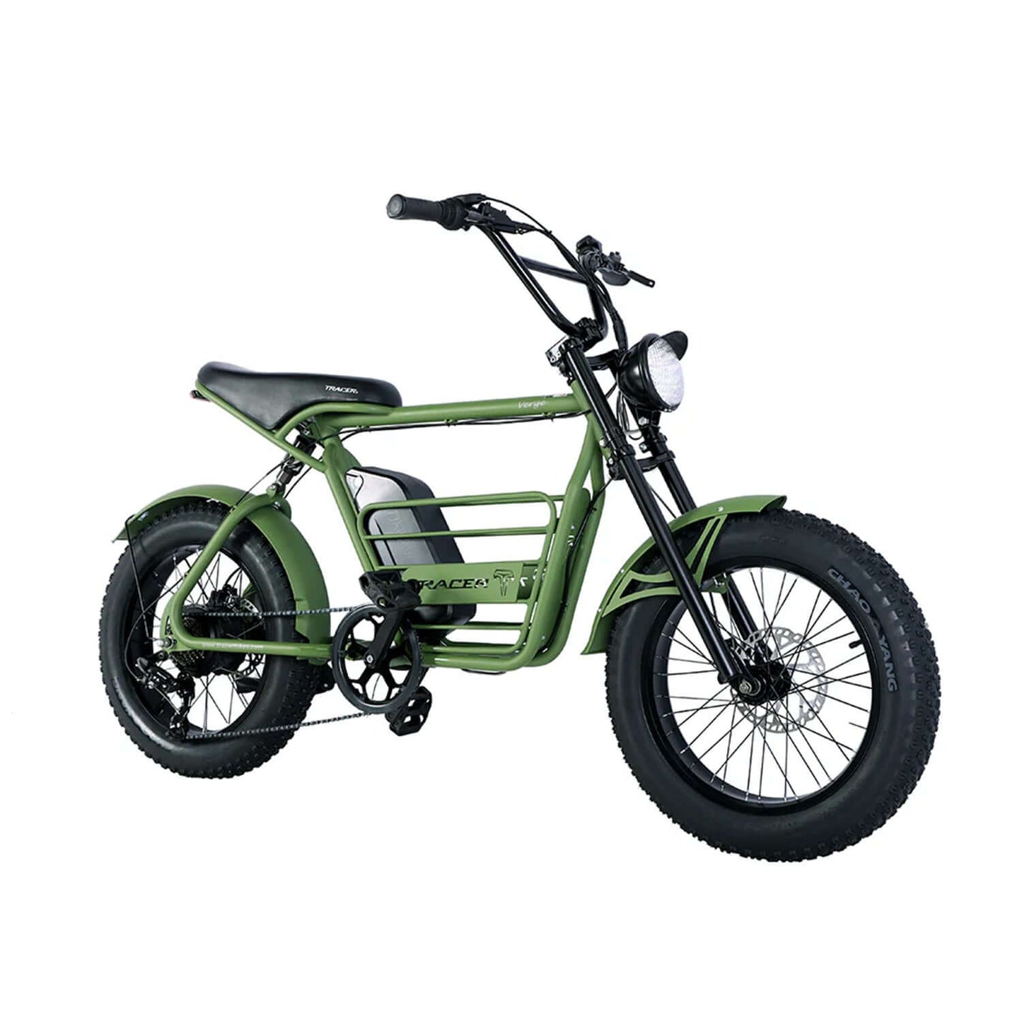 Tracer Verge Fat Tire Electric Bike in green color with oversized wheels and sleek design.