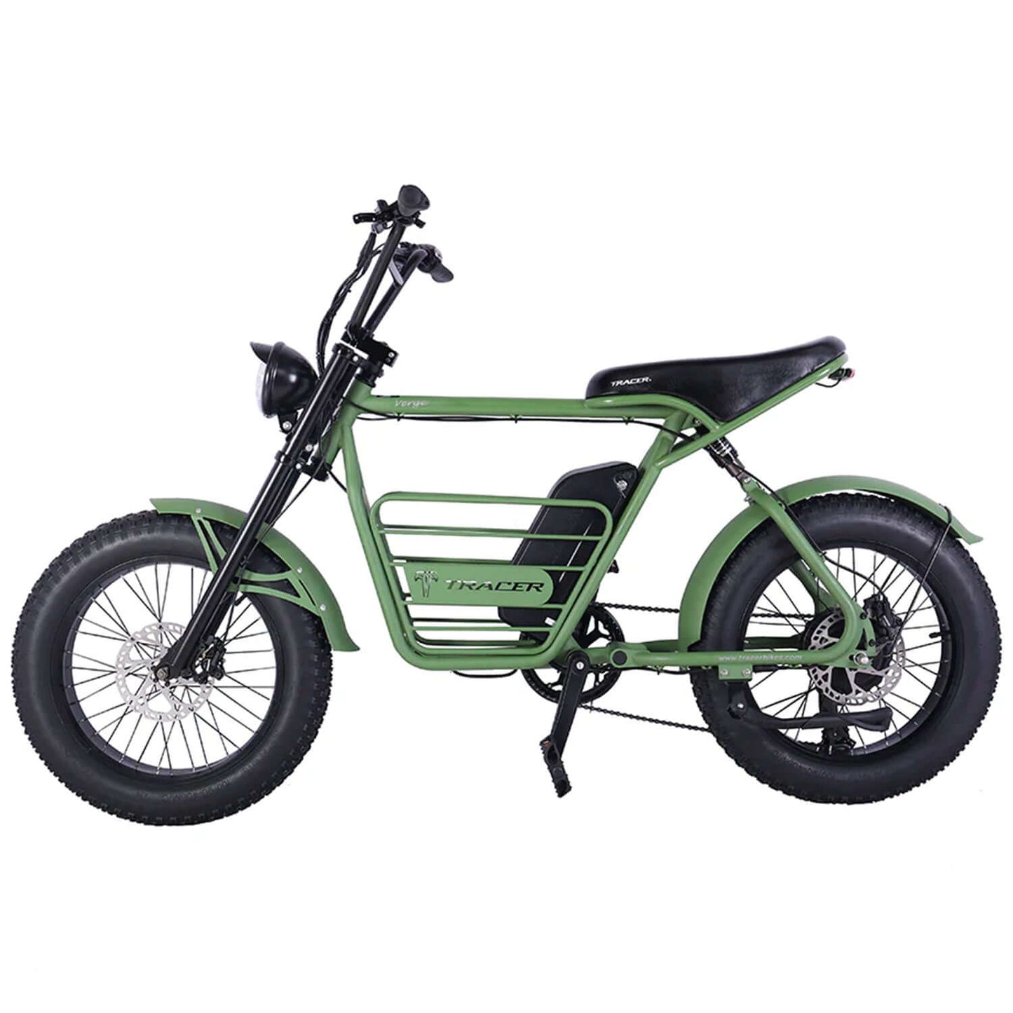 Tracer Verge Fat Tire Electric Bike in green with large tires and a stylish design.