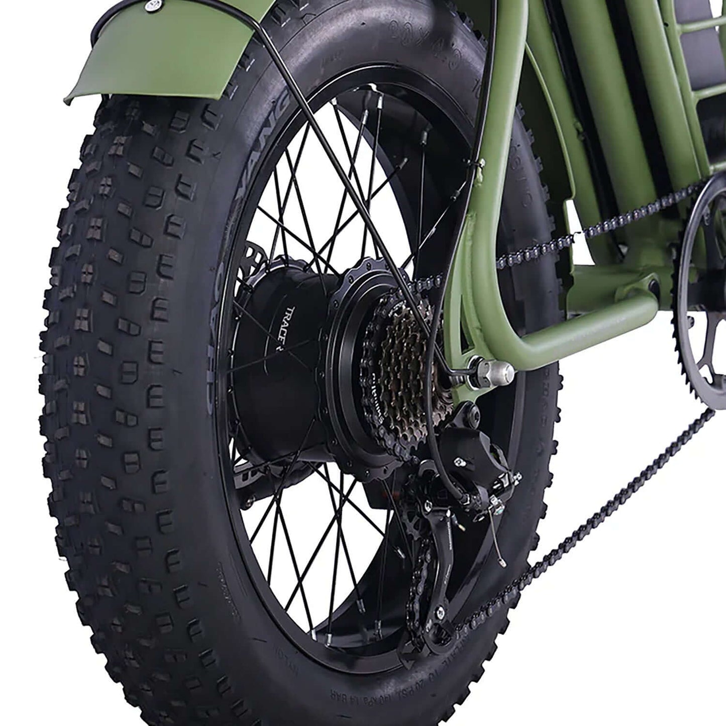 Close-up of Tracer Verge Wheel fat tire electric bike showcasing the robust rear wheel and chain system.