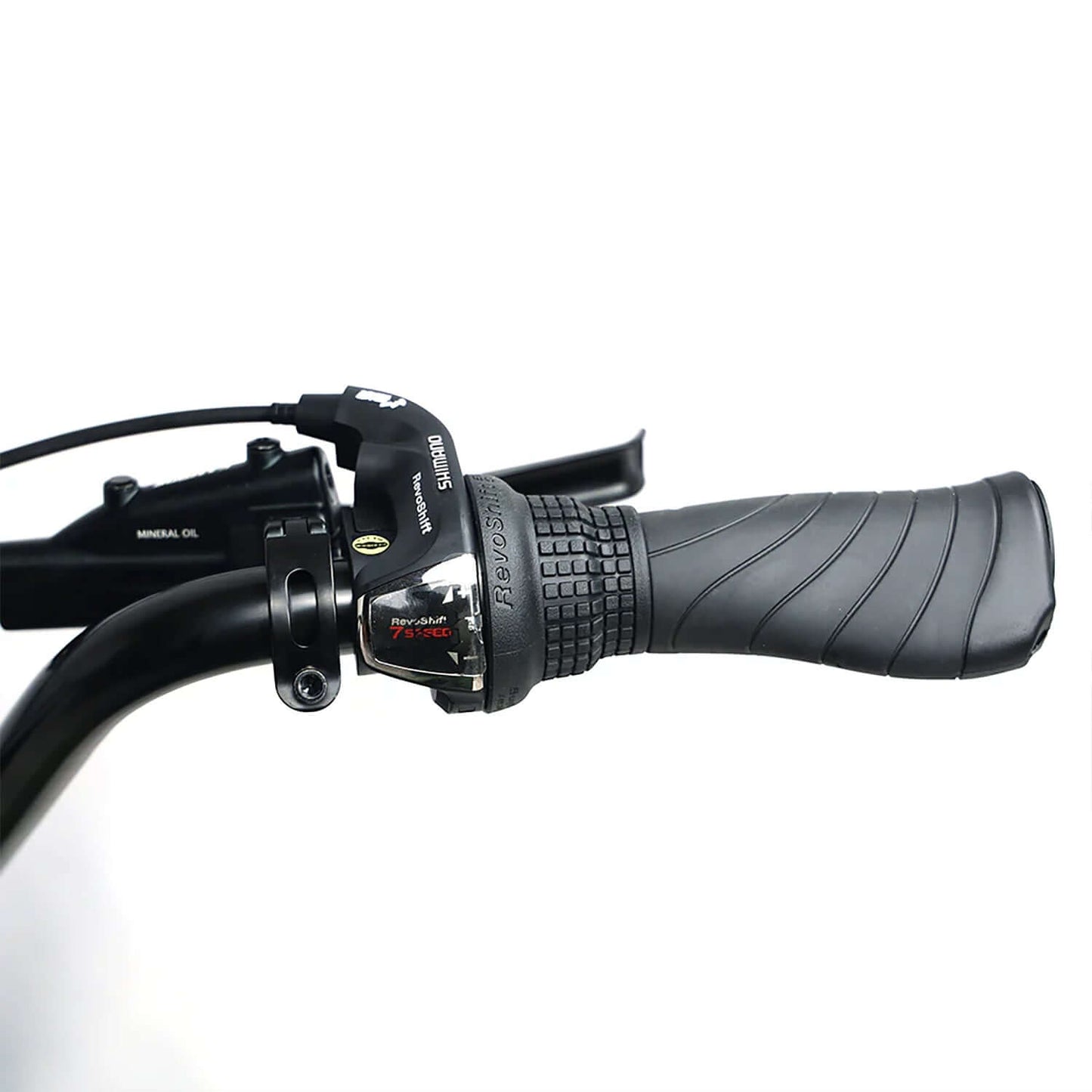 Close-up of Tracer Verge electric bike handlebar and grip, showcasing the gear shifter and textured grip design.