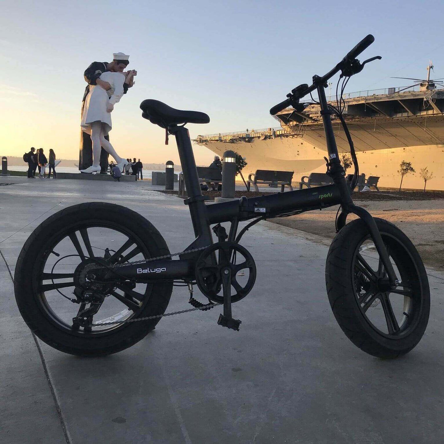 Qualisports Beluga STD/PLUS fat tire folding electric bike in a park with sunset background
