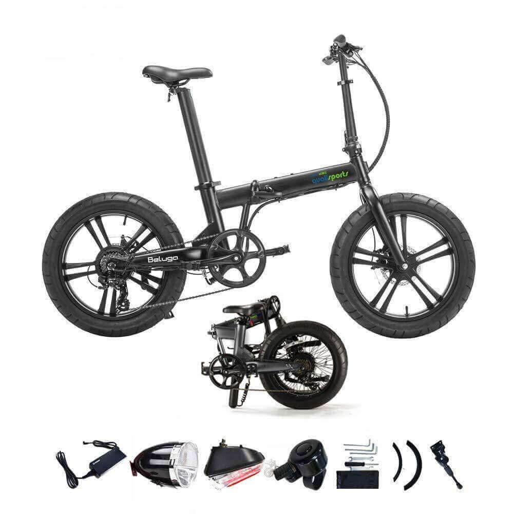 Qualisports Beluga STD/PLUS folding electric bike with fat tires and accessories displayed below.