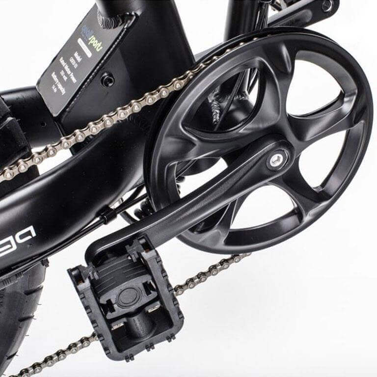 Close-up of the pedal and crank system on the Qualisports Beluga STD/PLUS fat tire folding electric bike.