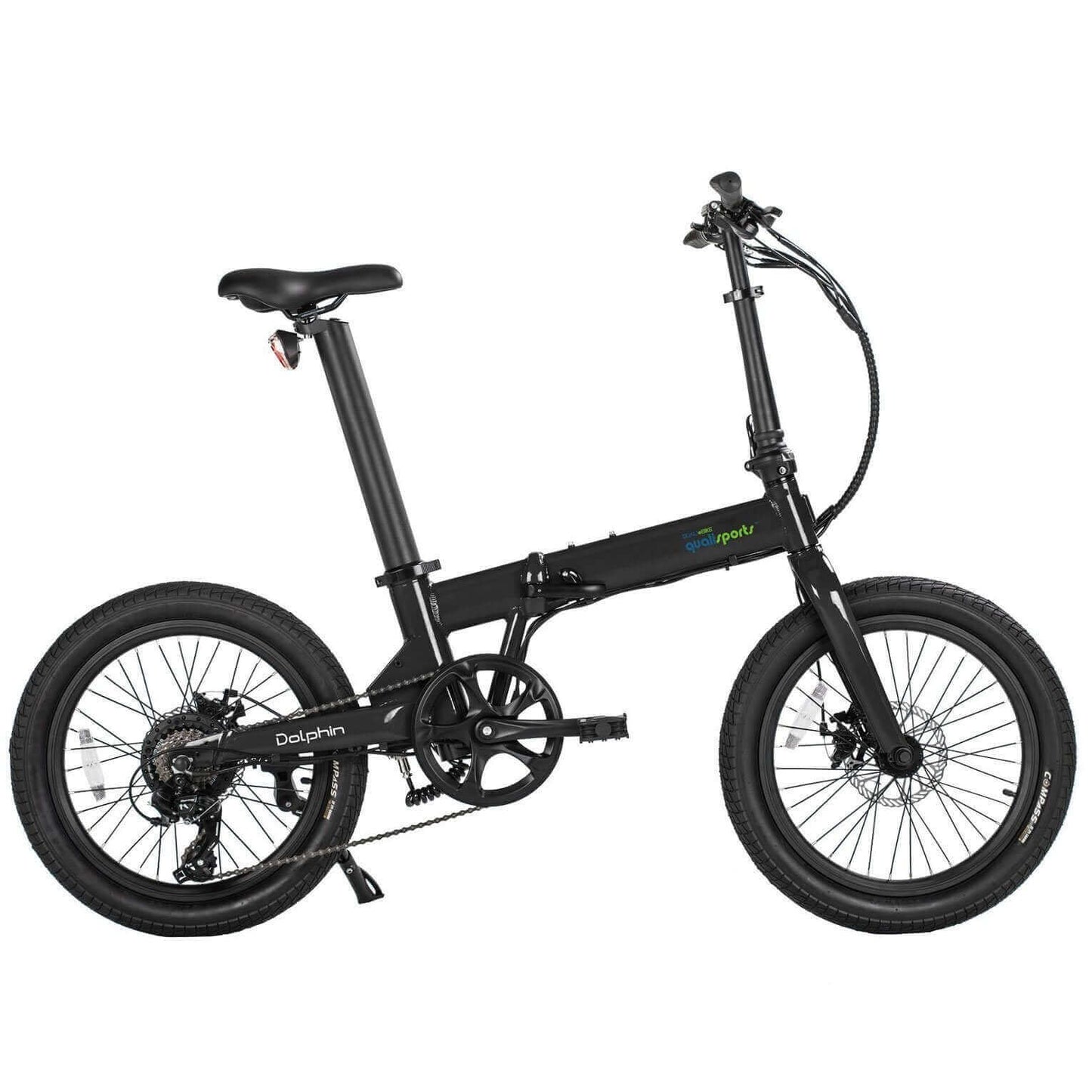 Qualisports Dolphin Portable Folding Electric Bike with 20-inch wheels and sleek black design.