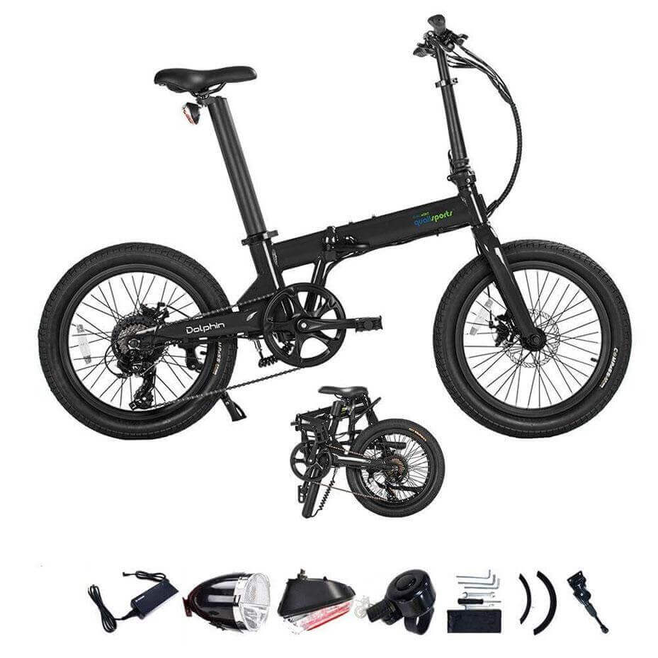 Qualisports Dolphin portable folding electric bike with accessories, featuring compact design and 350W motor.