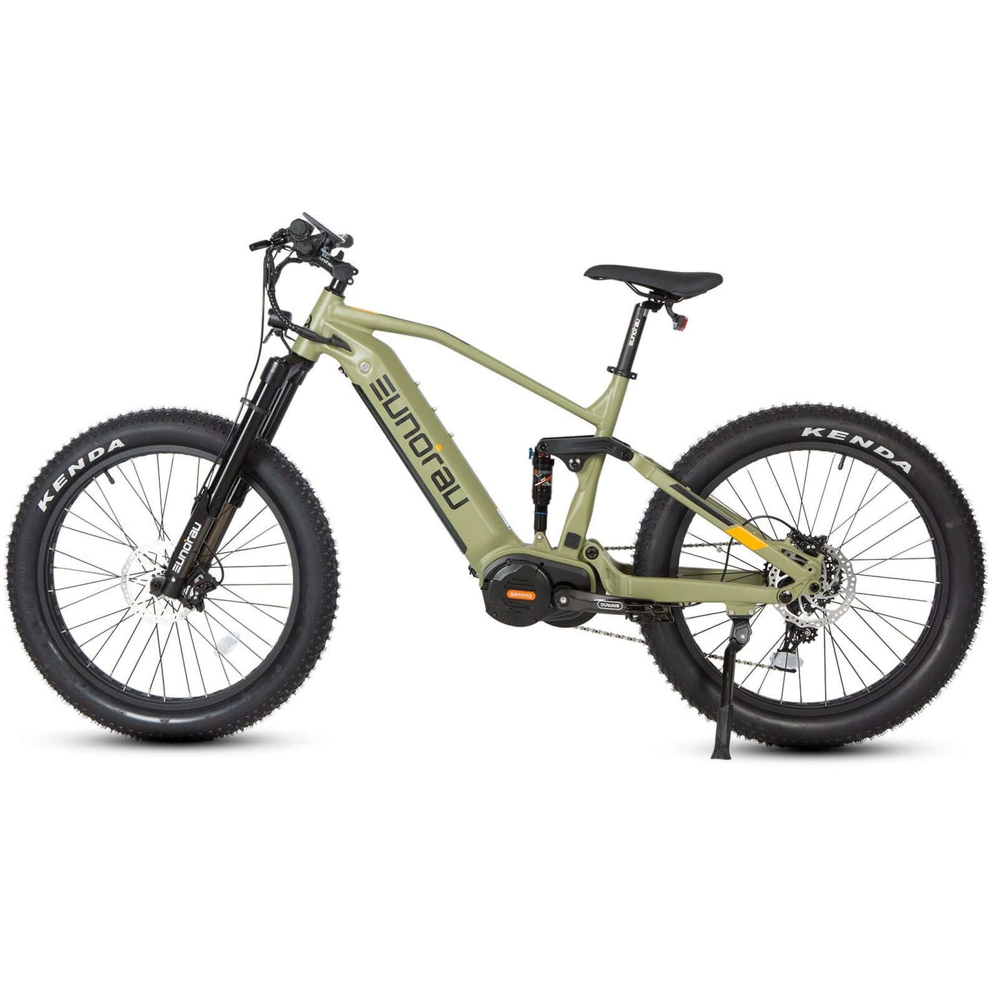 Green electric bike with black frame and tires on a white background