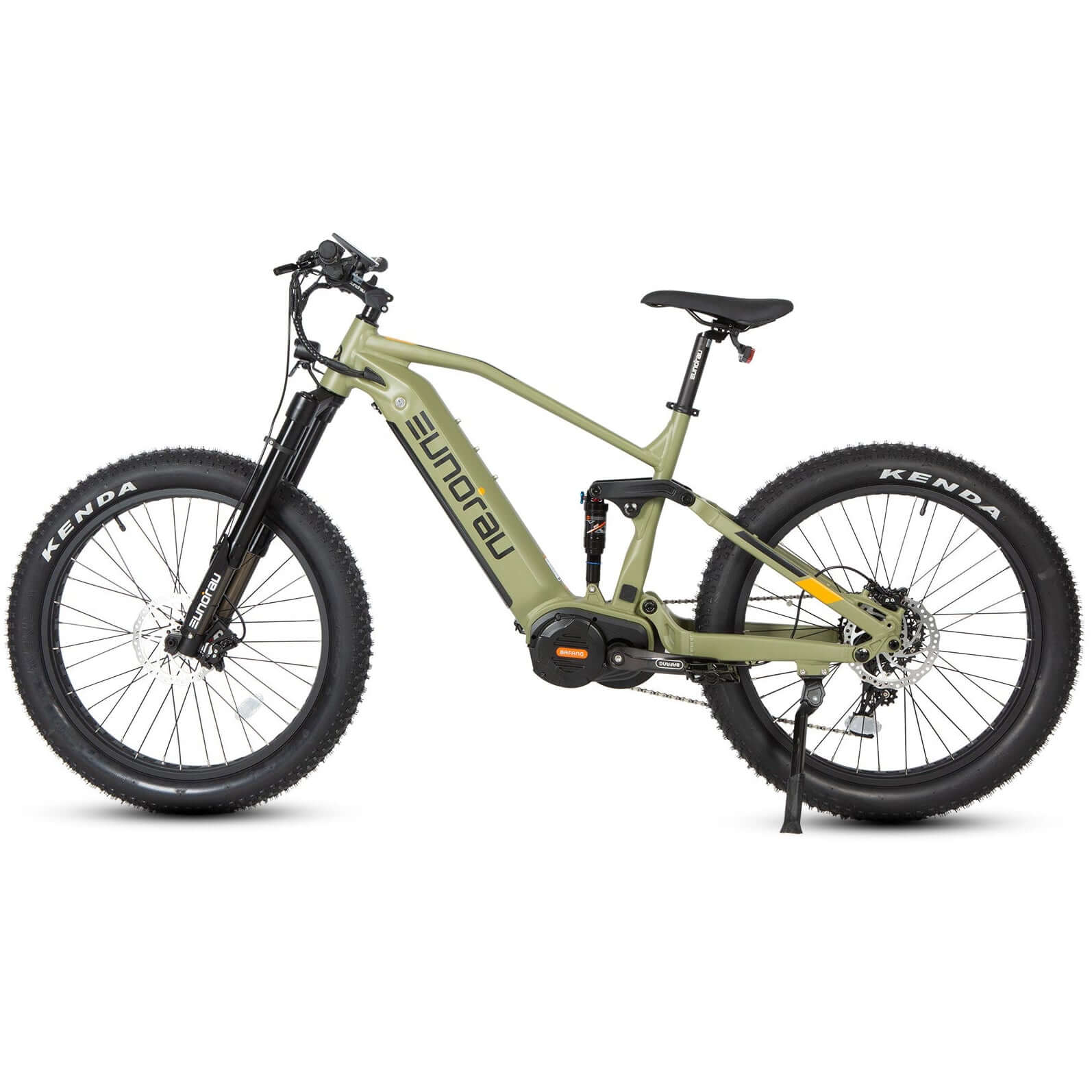 Green electric bike with black frame and tires on a white background